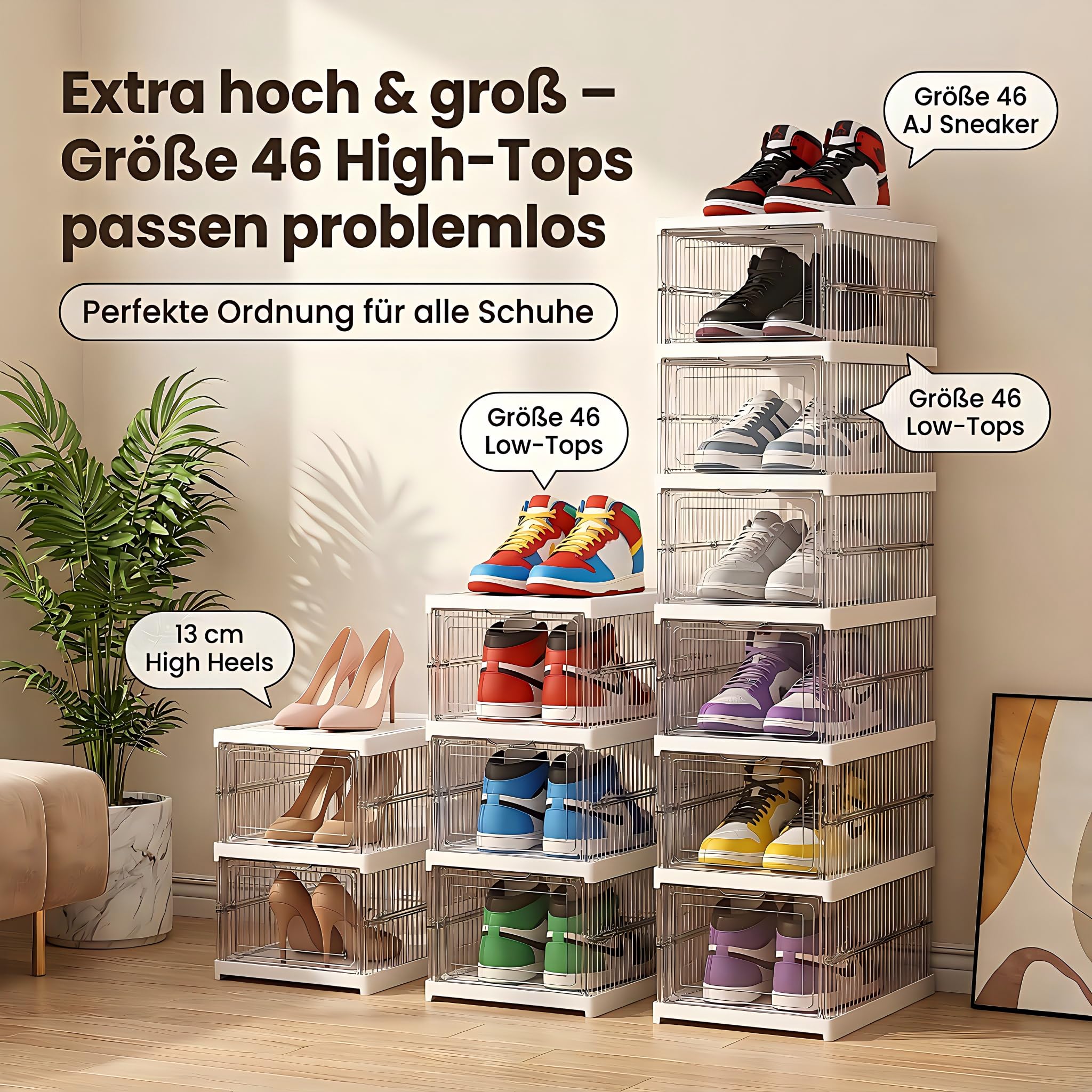 Schuhboxen Stapelbar, 24 Ebenen, Transparent, Faltbar, Dickem Kunststoff, für Sneaker bis Größe 46, Platzsparend, 1-Min Montage, Weiß