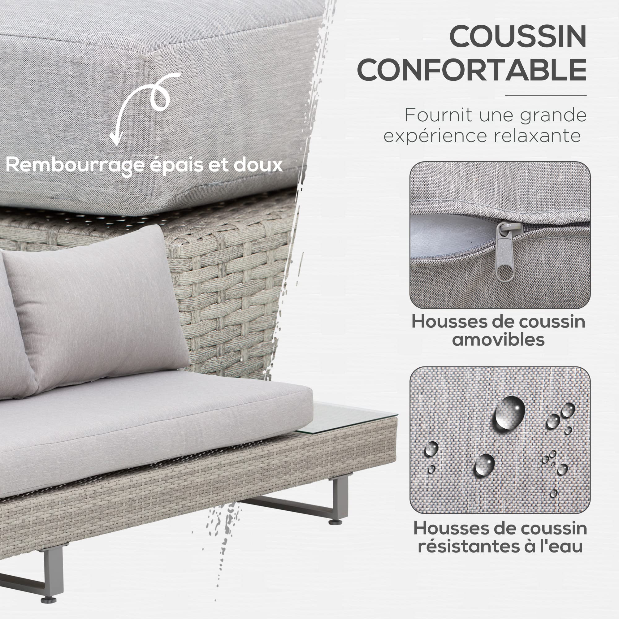 Outsunny Salon de Jardin extérieur d'angle 5 Places Design Contemporain Coussins déhoussables Table Basse Acier époxy résine tressée Grise