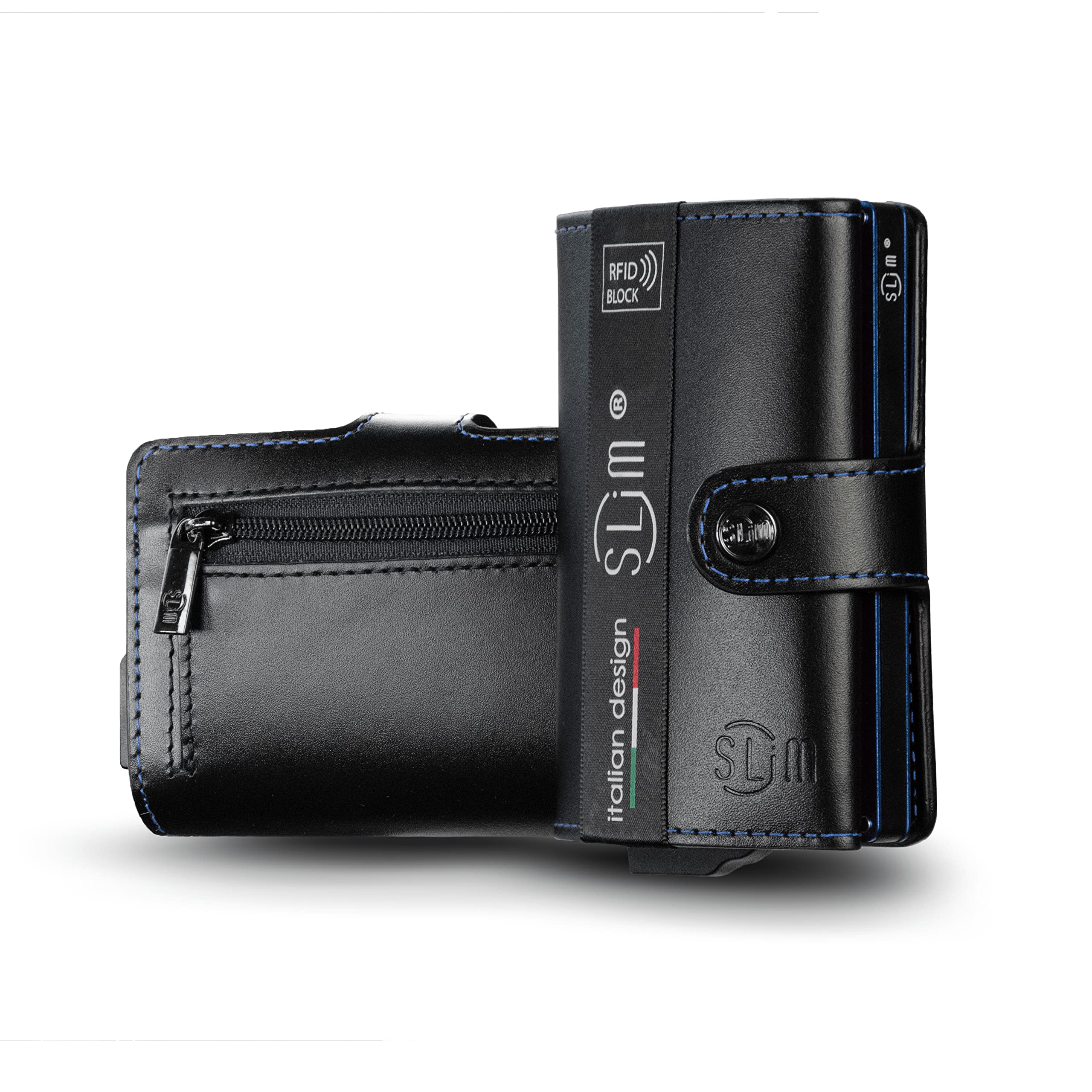 SLim Porta Carte di Credito Schermato Portafoglio Uomo Rfid Portatessere Anticlonazione Donna Portacarte Uomo (Nero Cuciture Blu, Con Zip)