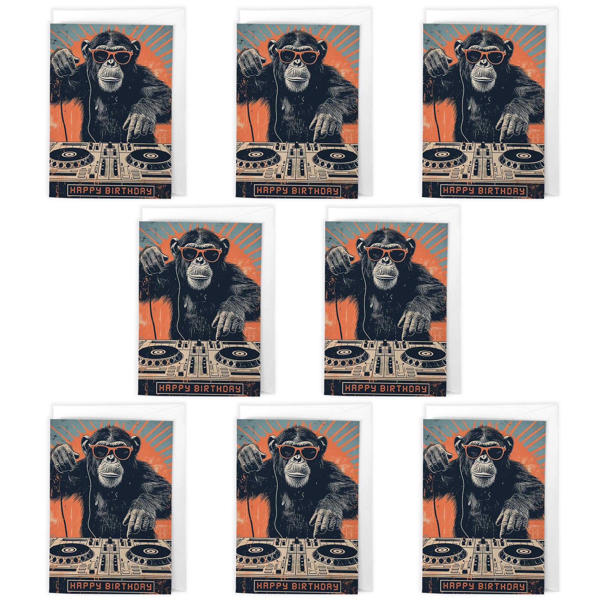 Artery8 DJ Chimpanzee Birthday Cards – Pack of 8 A6 Cards with Envelopes – Funky DJ Monkey Illustration – Fun & Quirky Design for Music Lovers – Blank Inside for Personal Message