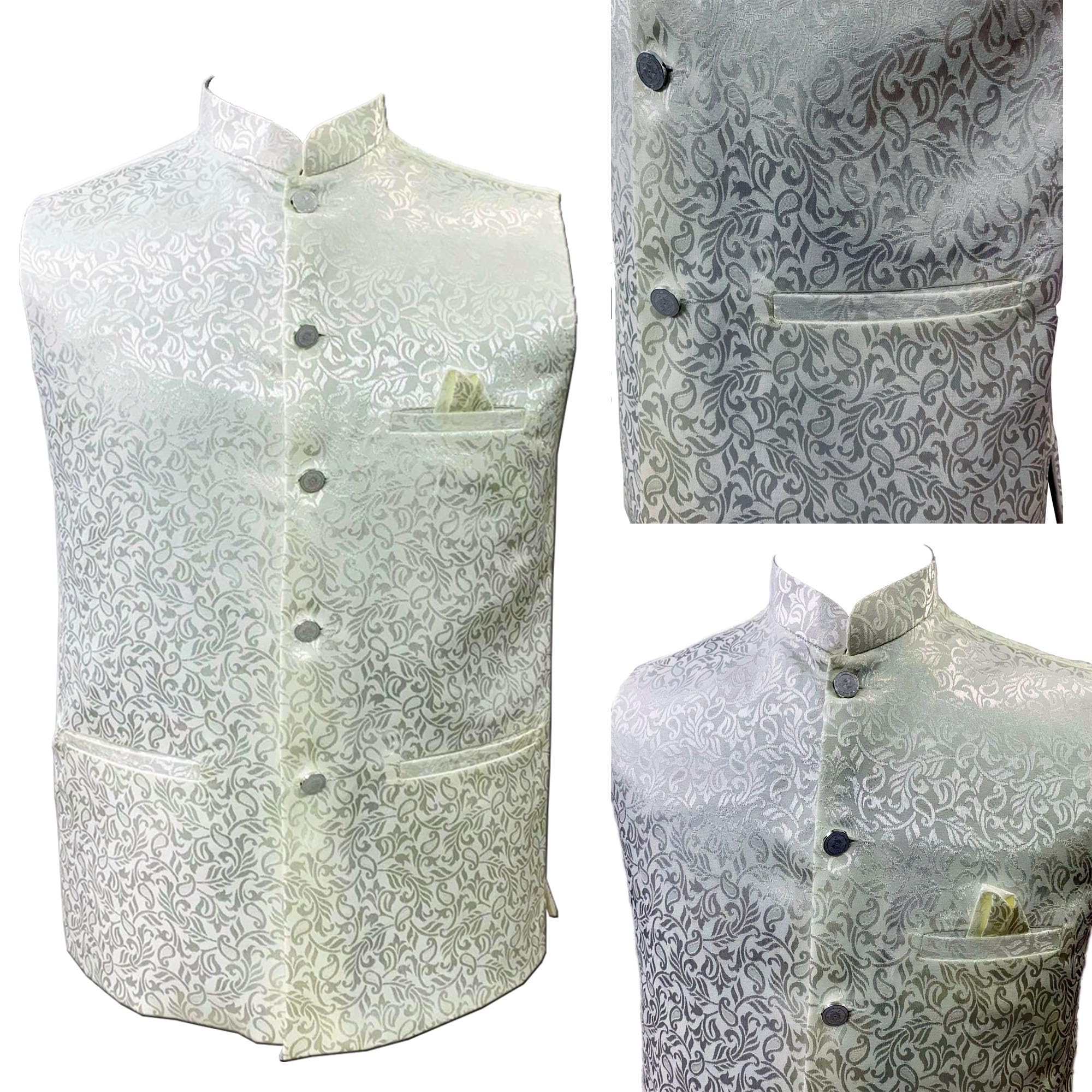 Men's White Brocade Waistcoat, Floral Pattern, Mandarin Collar, Button Closure, Ethnic Nehru Vest-picture-19