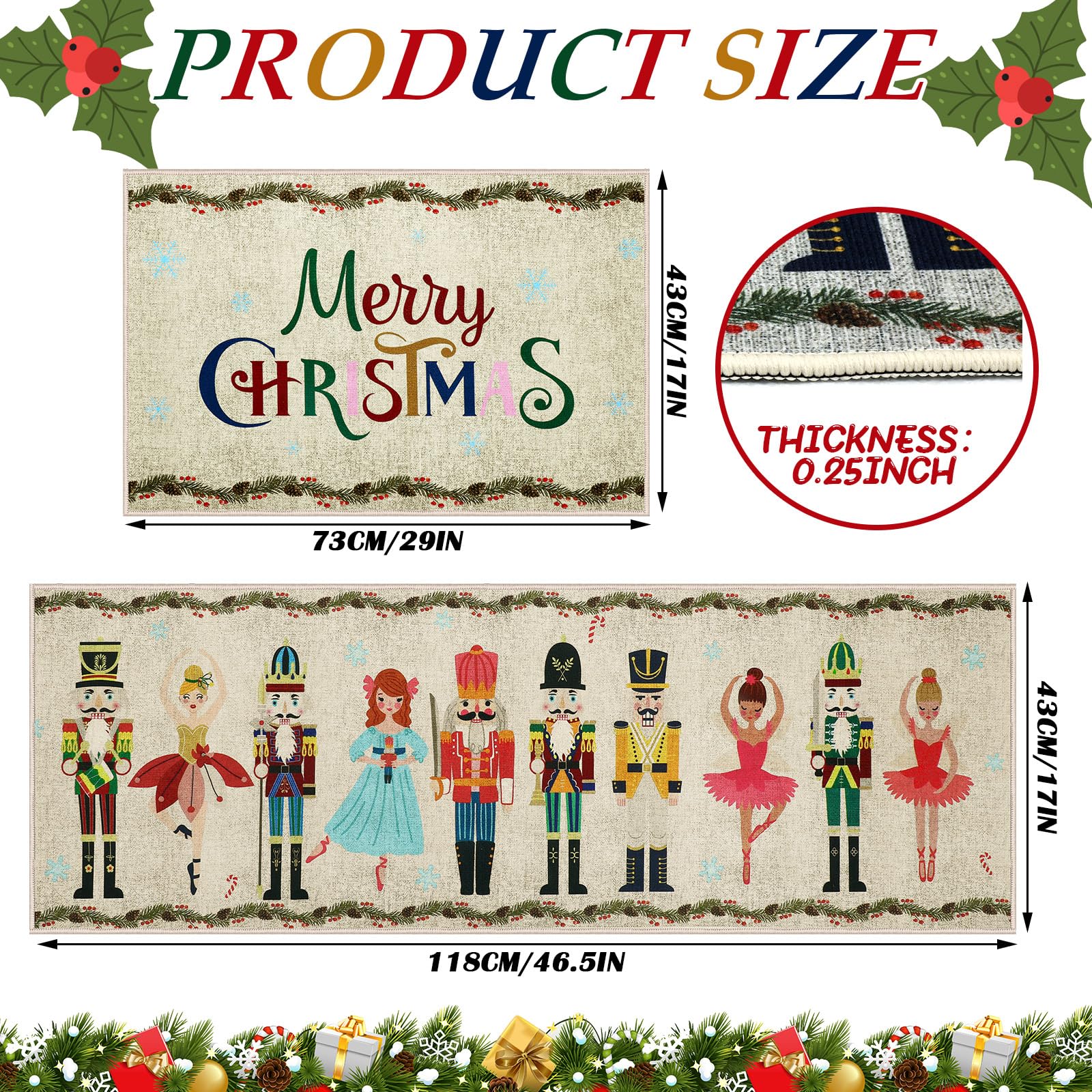 Ceenna 2 Pcs Christmas Nutcracker Decorative Kitchen Doormat Merry Christmas Doormat Set Happy Holidays Washable Non Slip Floor Rugs Christmas Soldier Floor Mat for Front Porch Door Bathroom