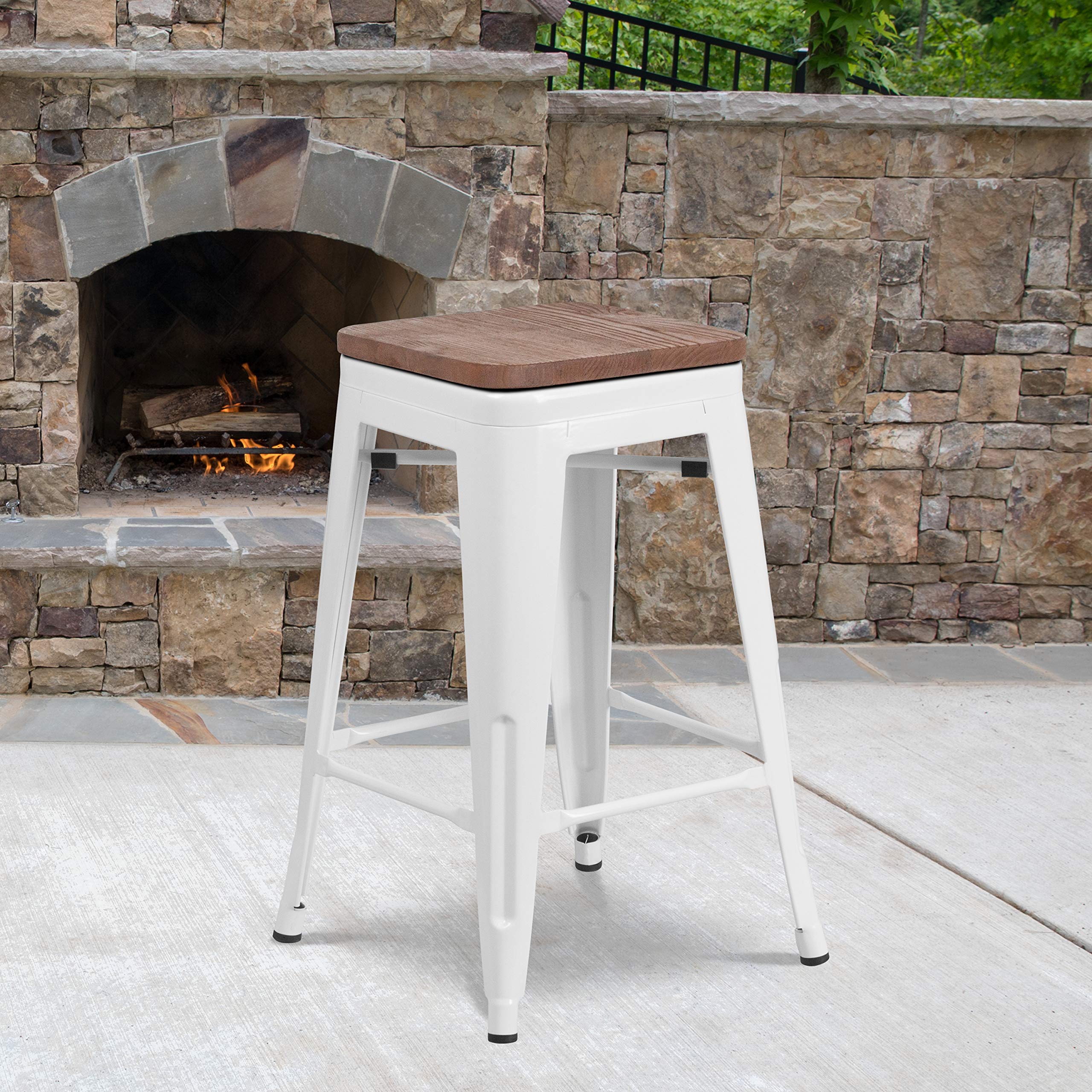 EMMA + OLIVER 24" H Backless White Metal Counter Height Stool with Wood Seat