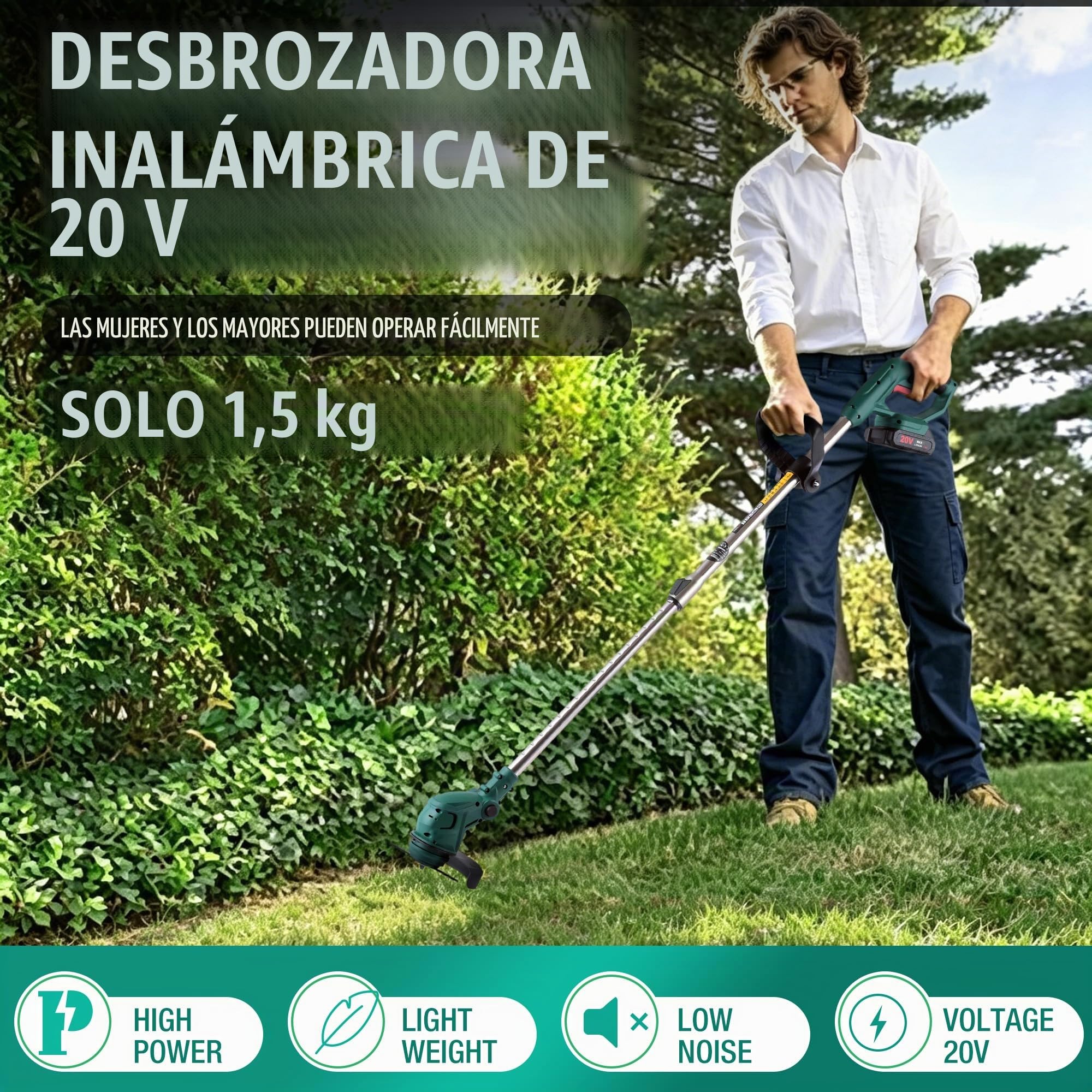 POSENPRO Desbrozadora a batería, Desbrozadora Electrica 20V, Cortacésped de batería inalámbrico, Equipada con 2 baterías y 4 Cuchillas, Mango Telescópico 86-122 cm