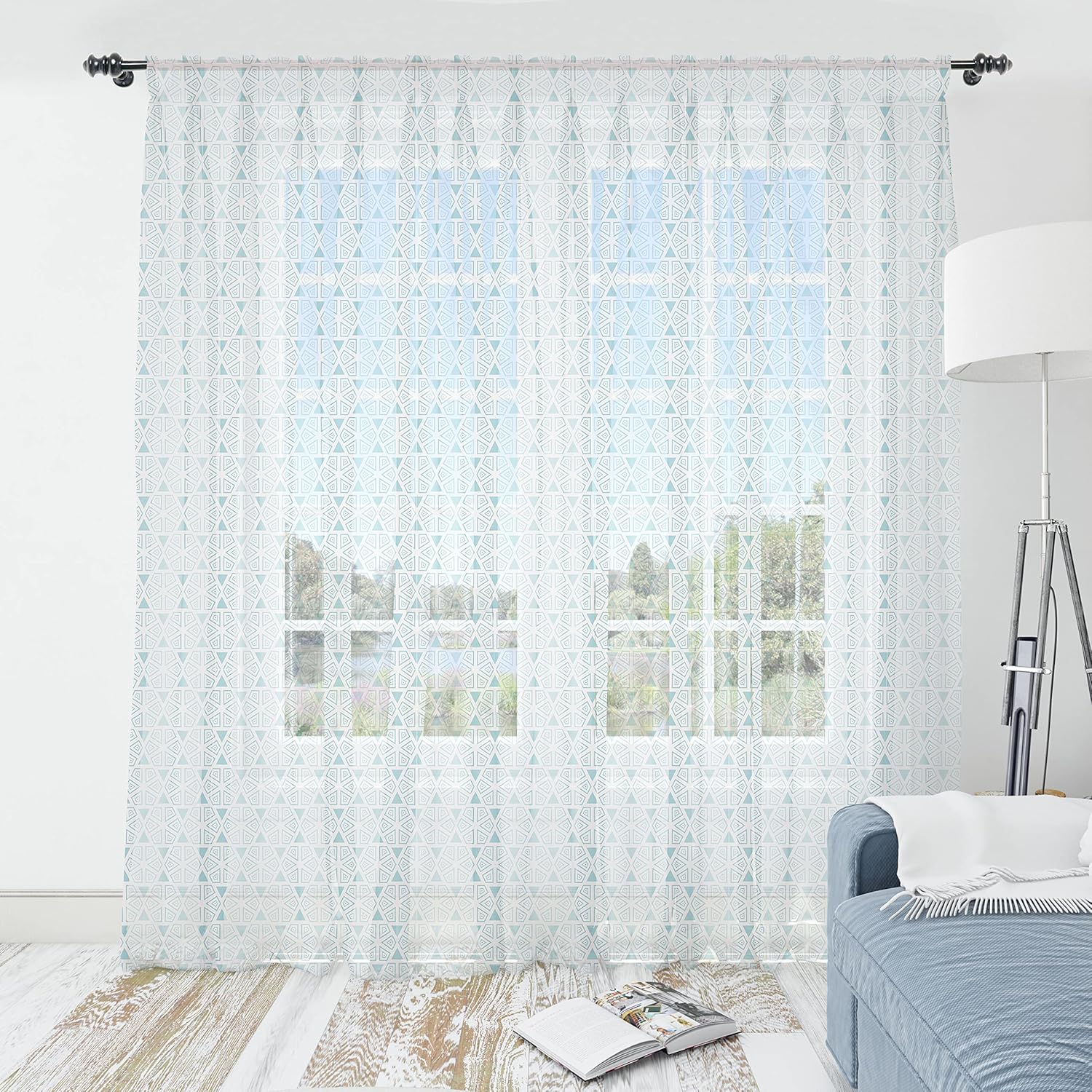 Lunarable Aztec Tulle Curtains with Rod Pocket, Style Geometric Pattern with Hexagons Pattern, Sheer Drape for Wedding Party 2 Panels, 108" x 63", Pale Sky Blue and Pearl