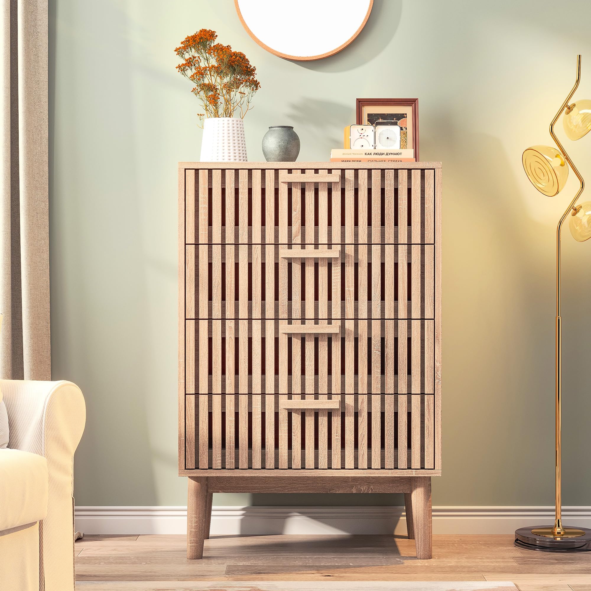 BRILVERDE Cómoda con 4 cajones, mesita de noche con cajón y estante abierto, mesa auxiliar de madera, armario para dormitorio, pasillo, salón, 60 x 34 x 91 cm (color madera natural-2)