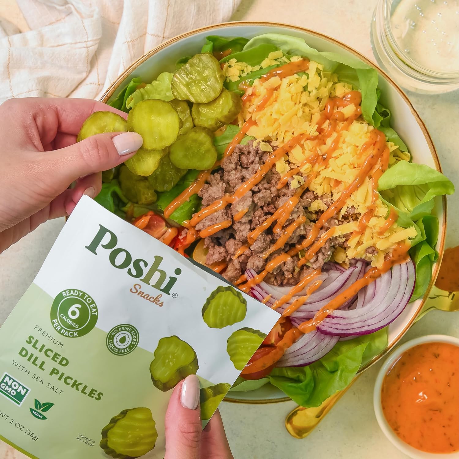 Poshi Sliced Dill Pickles with Sea Salt - Ready-to-Eat Premium Sliced Pickles, Ideal for Meal Toppers & Snacks, 6 Calories Per Pack, 10 Packs (2 oz Each)
