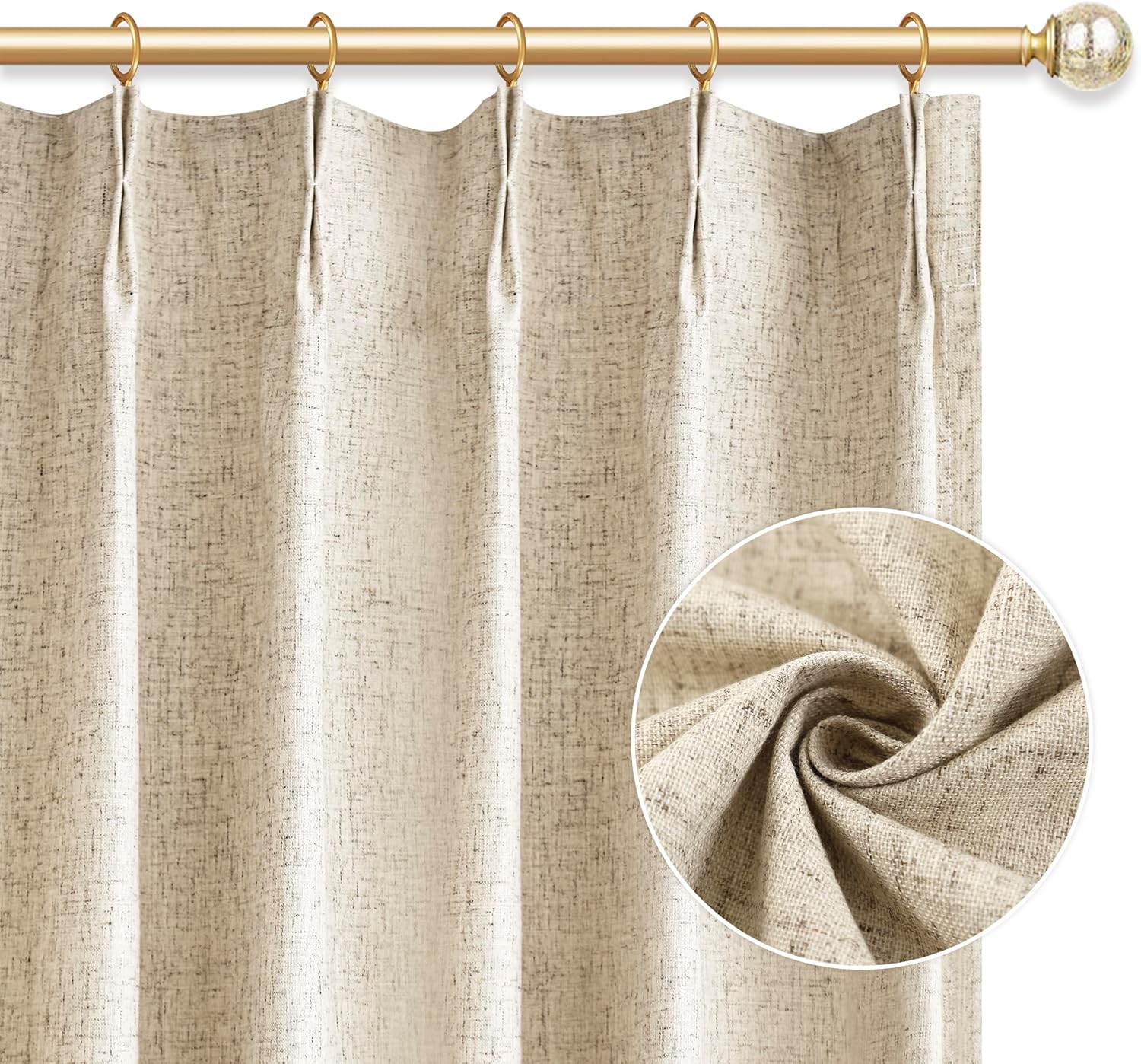 fromheart Tan Linen Pinch Pleated Curtains 90 inches Long 2 Panels 100% Blackout Linen Curtains for Living Room Bedroom Back Tab Room Darkening Two Pages Pinch Pleat Drapes with Hooks 40" Wx90 L