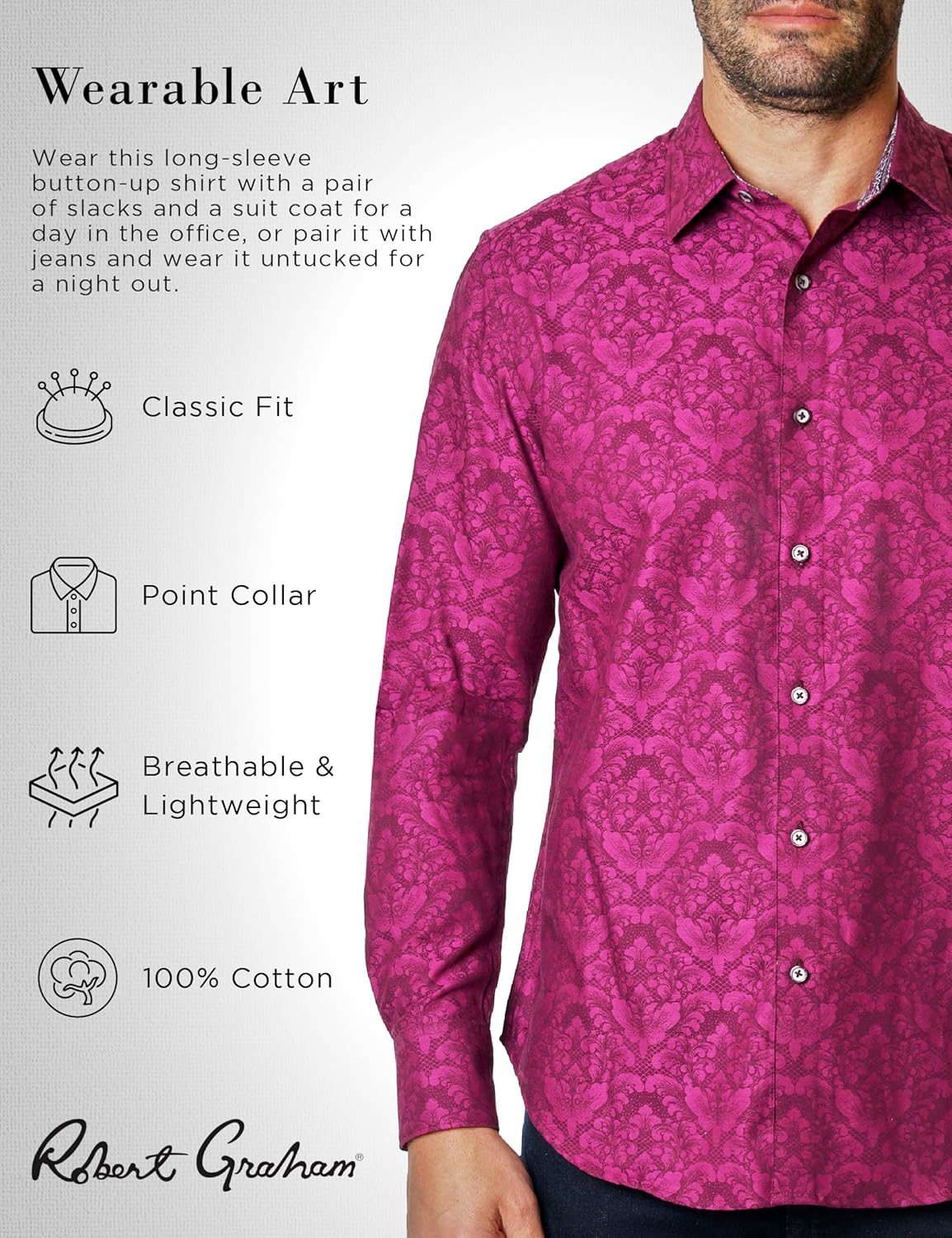 Robert Graham Men's Bayview Long-Sleeve Woven Button Down Shirt, Premium Cotton Knit Top, Classic-Fit & Richly Detailed - Image 2