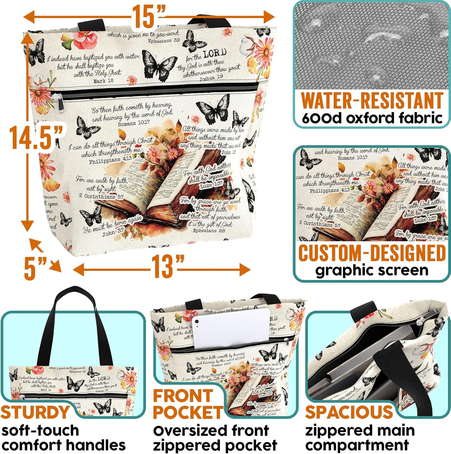 84hoods 15 inch Large Tote Bag for Work for Women. Christian Faith, Jesus God Religious Gift. Waterproof Shoulder Bag. | 15 inch, for Work, Christian Faith, Jesus God, Religious Gift, Waterproof - Image 4