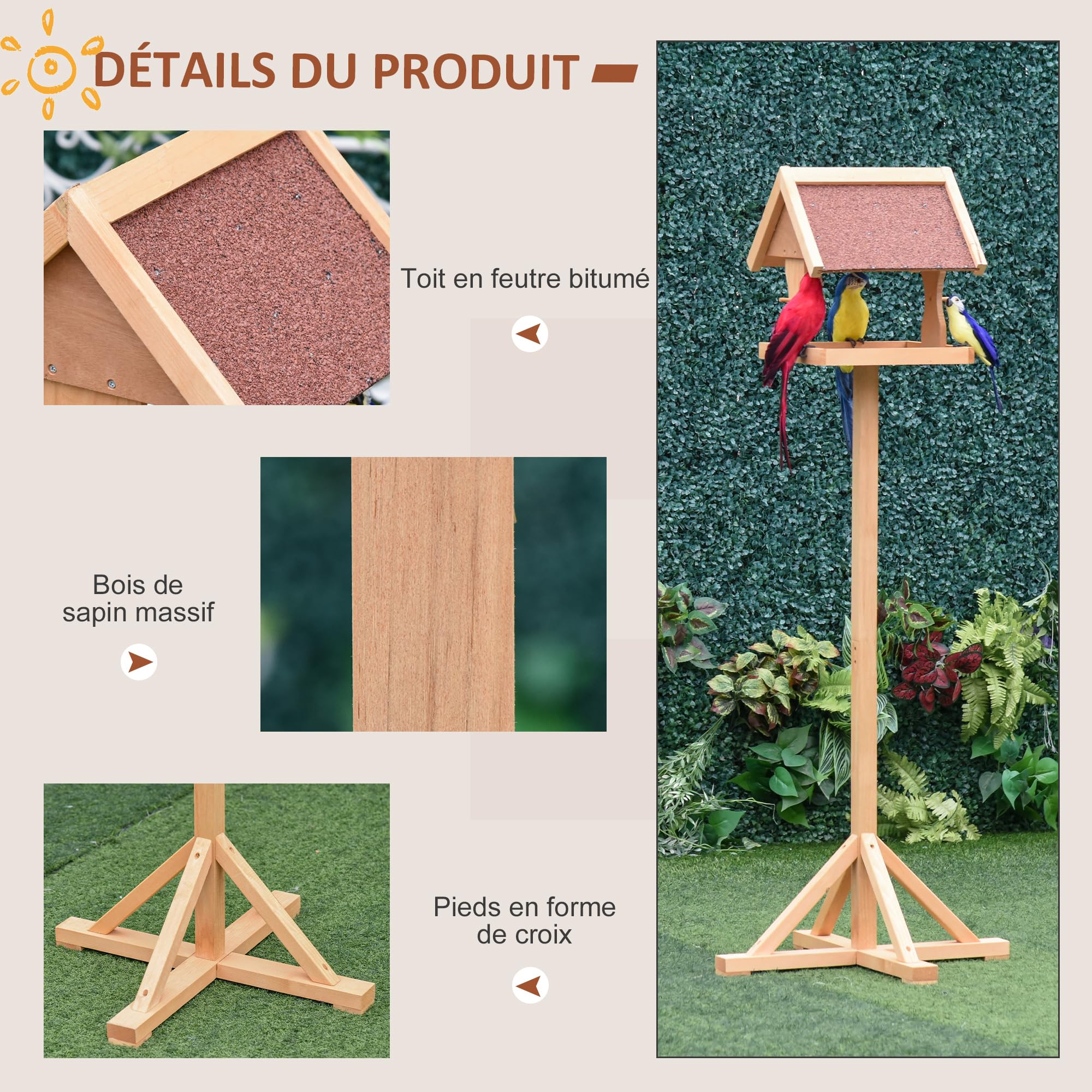 PawHut Mangeoire Oiseaux Extérieur sur Pied 55 x 55 x 144 cm Bois Naturel