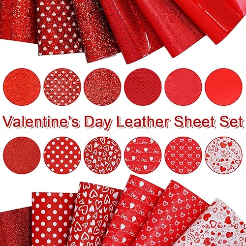 Miniatura 3 de Whaline 12 hojas de cuero sintético de San Valentín de 12 x 8 pulgadas tela de cuero sintético con purpurina de corazón rojo surtido de tela de