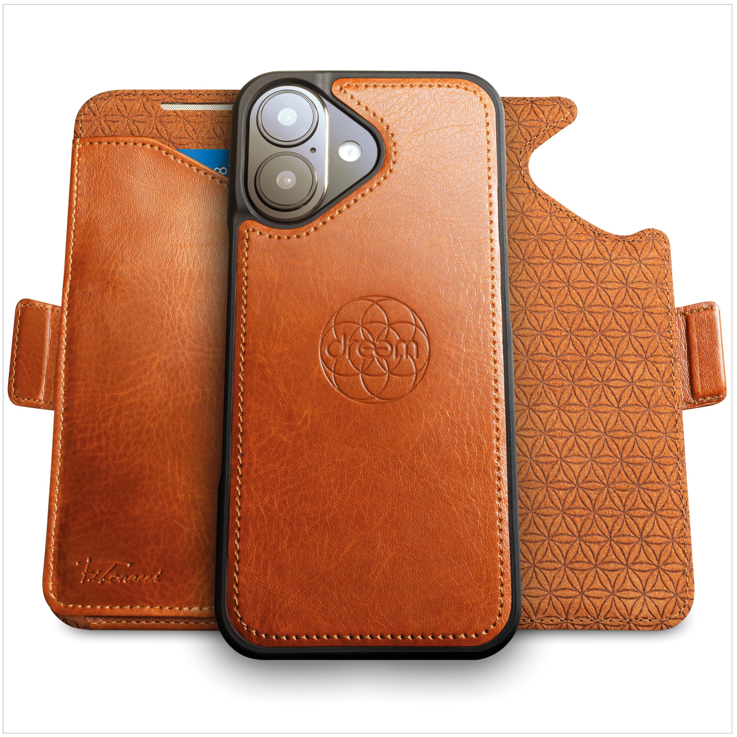 Dreem Vegane Leder Magnetische Abnehmbare Brieftaschenhülle für iPhone 17 | Neuartig vert/horiz Handyhalter, RFID-blockierende Kartenhülle, Kompatibel mit MagSafe, Geschenkbox [Fibonacci: Karamell]