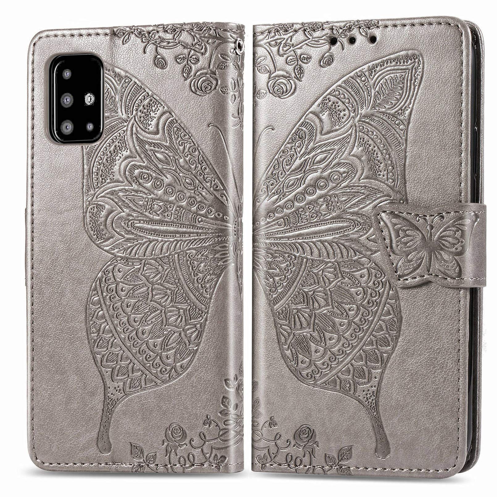 ZTOFERA Flip Case for Samsung Galaxy A41, Butterfly Embossment Pattern Wallet Case with[Magnetic Closure][Card Slots][Kickstand][Wrist Strap], Slim Cover for Samsung Galaxy A41 - Grey