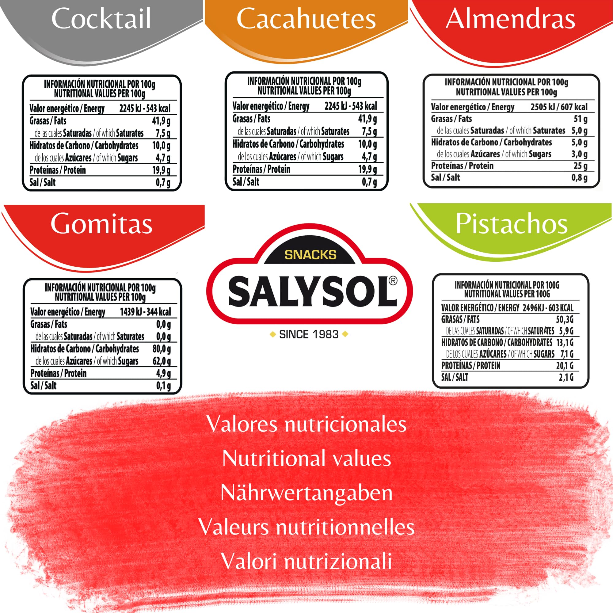 SALYSOL | Surtido frutos secos y snacks envasado al vacío 10x50gramos. Mix frutos secos, cacahuetes, pistachos, almendras, chuches con azúcar.