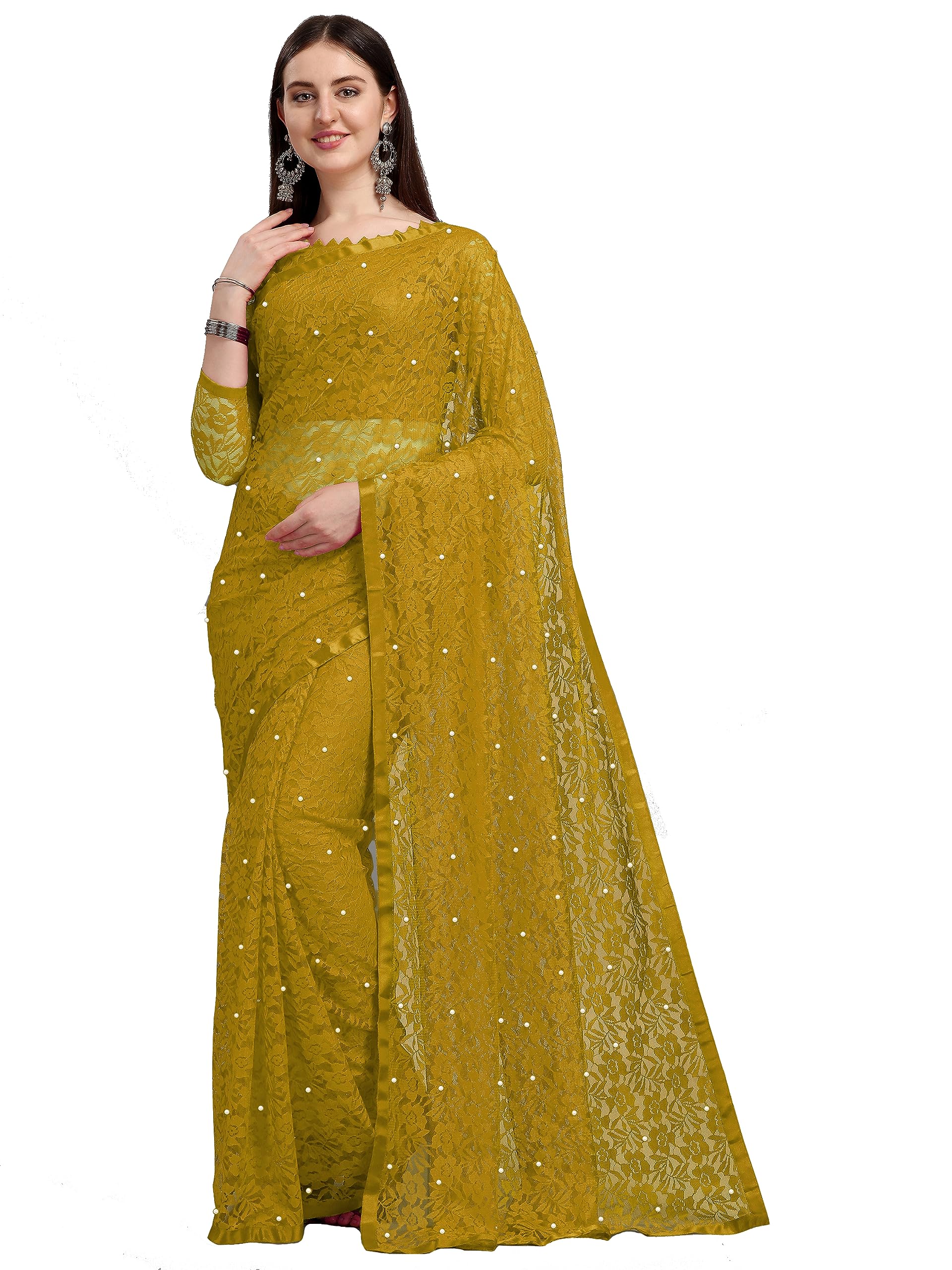 Lorofy Women's Net Saree With Blouse (Methipila), Mustard-image-19