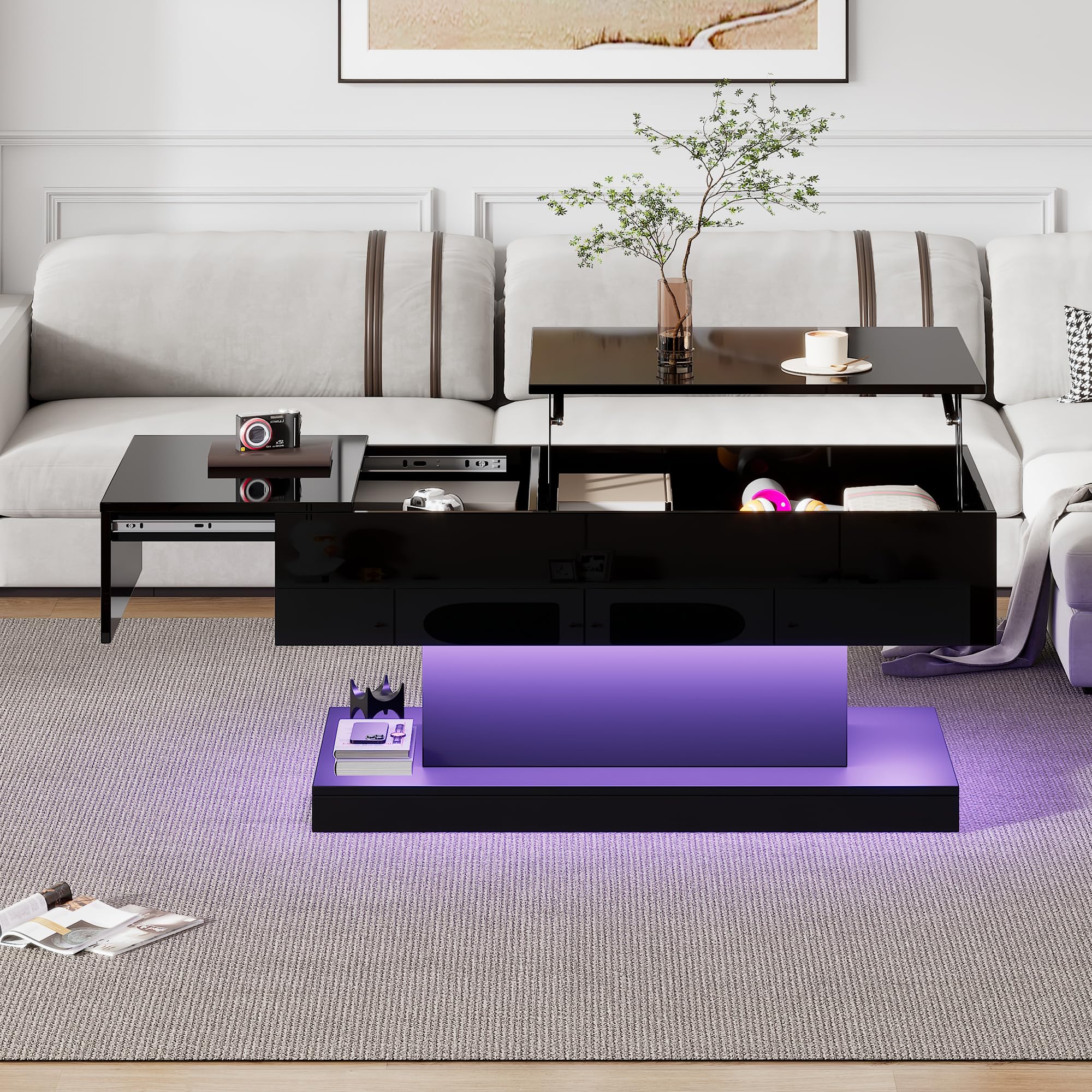 Table Basse Design Avec LED Et Fonction Relevable - 100x50x45 Cm - Plateau Coulissant Et Espace De Rangement - Pour Salon Moderne