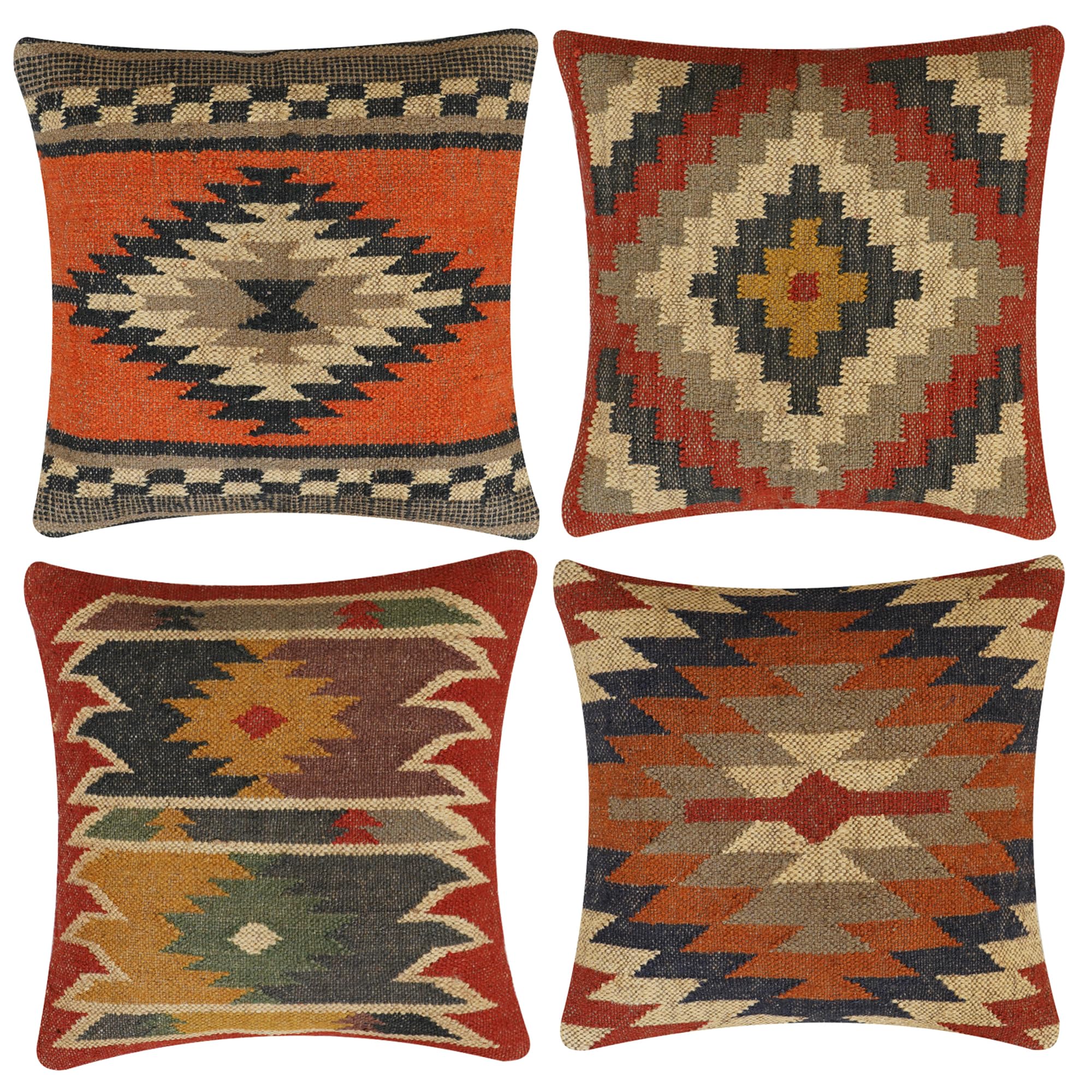 INDACORIFY Fundas de cojín Kilim Vintage Fundas de Almohada de Yute de Lana India Juego de Almohadas turcas Tejidas a Mano de 4 Cojines Decorativos