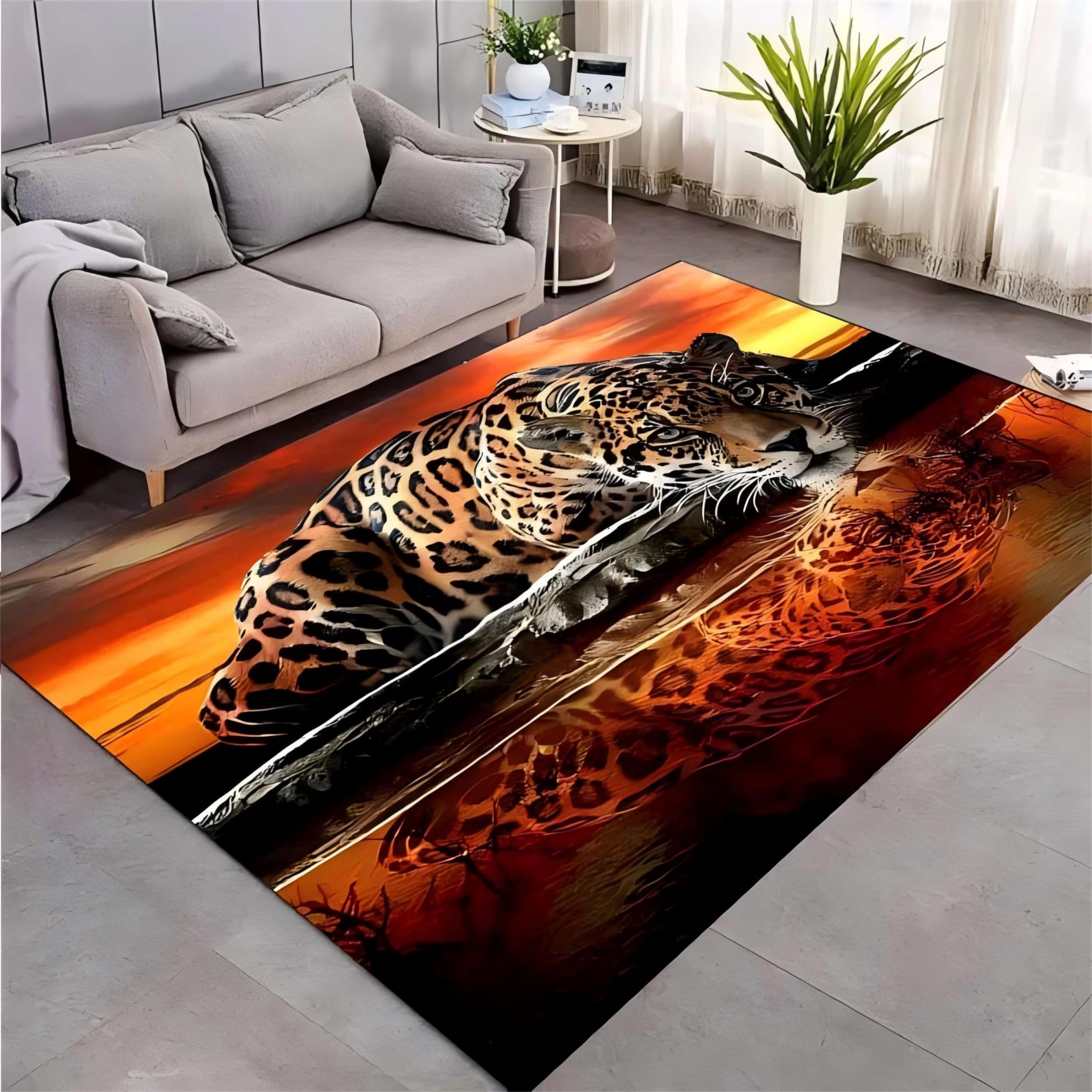 Kuluoits Leopard Area Rug,140x200cm,Sunset Water Surface Wild Animal Cheetah Floor Mats, Indoor Non-Slip Non-Shedding Rugs, Soft Washable Easy to Clean Living Room Rugs for Areas With High Traffic