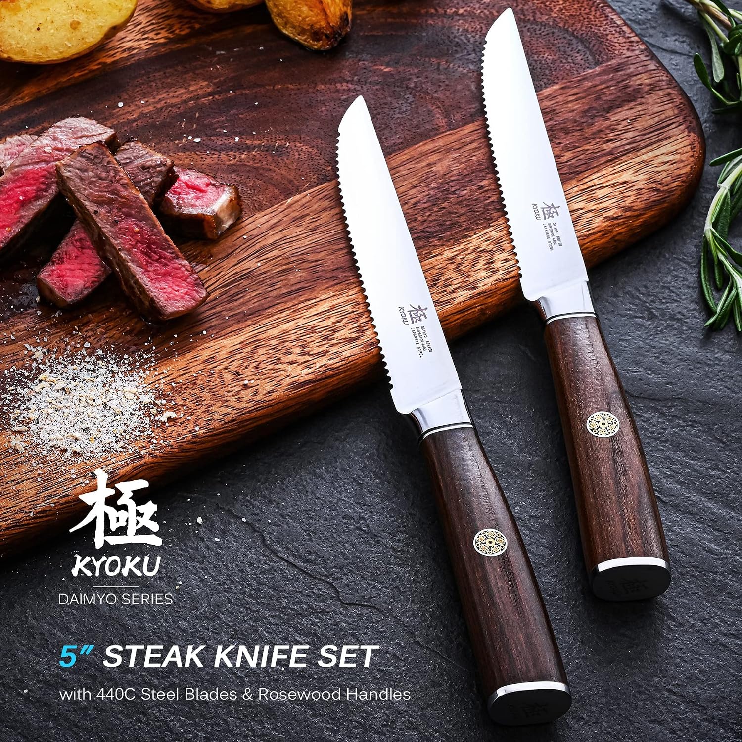 KYOKU Daimyo Series 7" Nakiri Knife + 5'' Steak Knife Set of 4 - Japanese 440C Stainless Steel - Rosewood Handle
