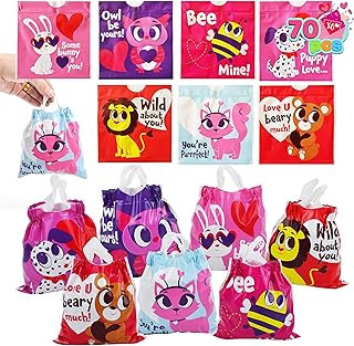 JOYIN 70 Pcs Valentine Gift Bags Drawstring Candy Bags Valentine Mini Plastic Goodie Bags for Kids Valentines Day Party Favor Supply