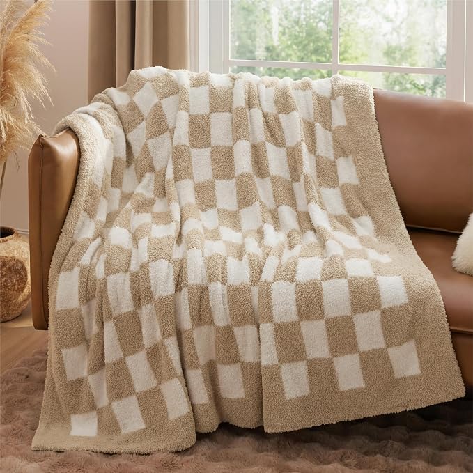 Bedsure Throw Blanket for Couch Bed Sofa - Super Soft, Beige, Checkered Throw Blanket, GentleSoft, Fluffy, Cozy, Santa Gifts for Women, 50x60 Inches