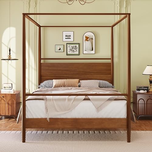 LUMISOL Canopy Bed Frame Queen, Solid Wood Canopy Bed Frame with Four Poster, Headboard and Uner-Bed Storage Space, No Box Spring Required, Easy Assembly, Walnut