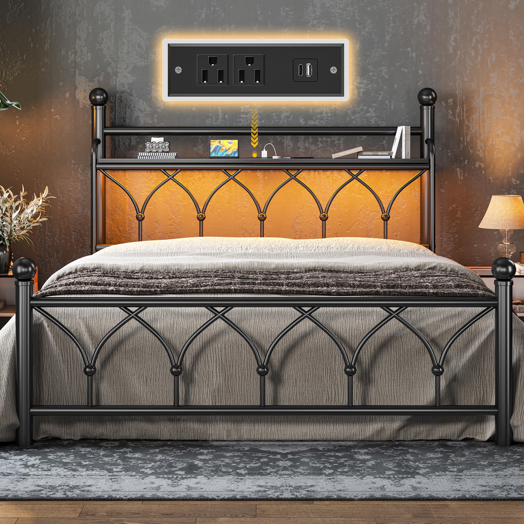 EnHomee Full Bed Frame with Headboard, Metal Full Size Bed Frame with Storage, LED Lights,Power Outlets, Sturdy & Easy Assembly, Noise-Free, No Box
