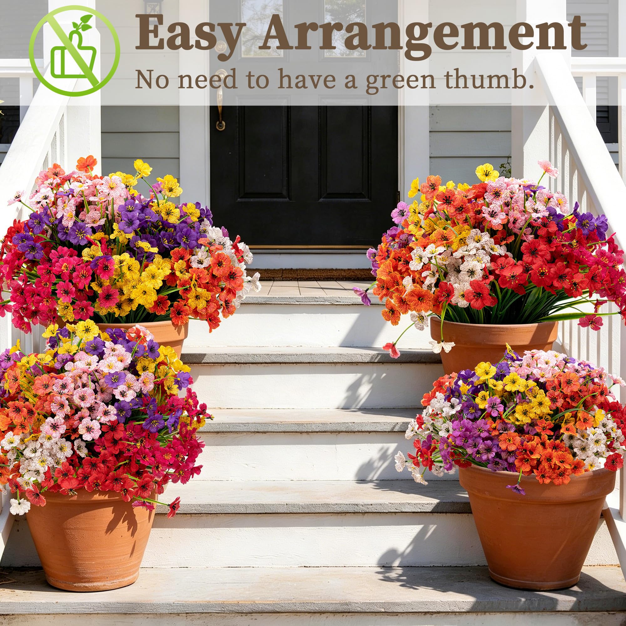 Künstliche Blumen für drinnen und draußen, für drinnen und draußen, Garten, Veranda, Fensterkasten, Zuhause, Hochzeit, Bauernhaus, 24 Bündel (8 Farben)