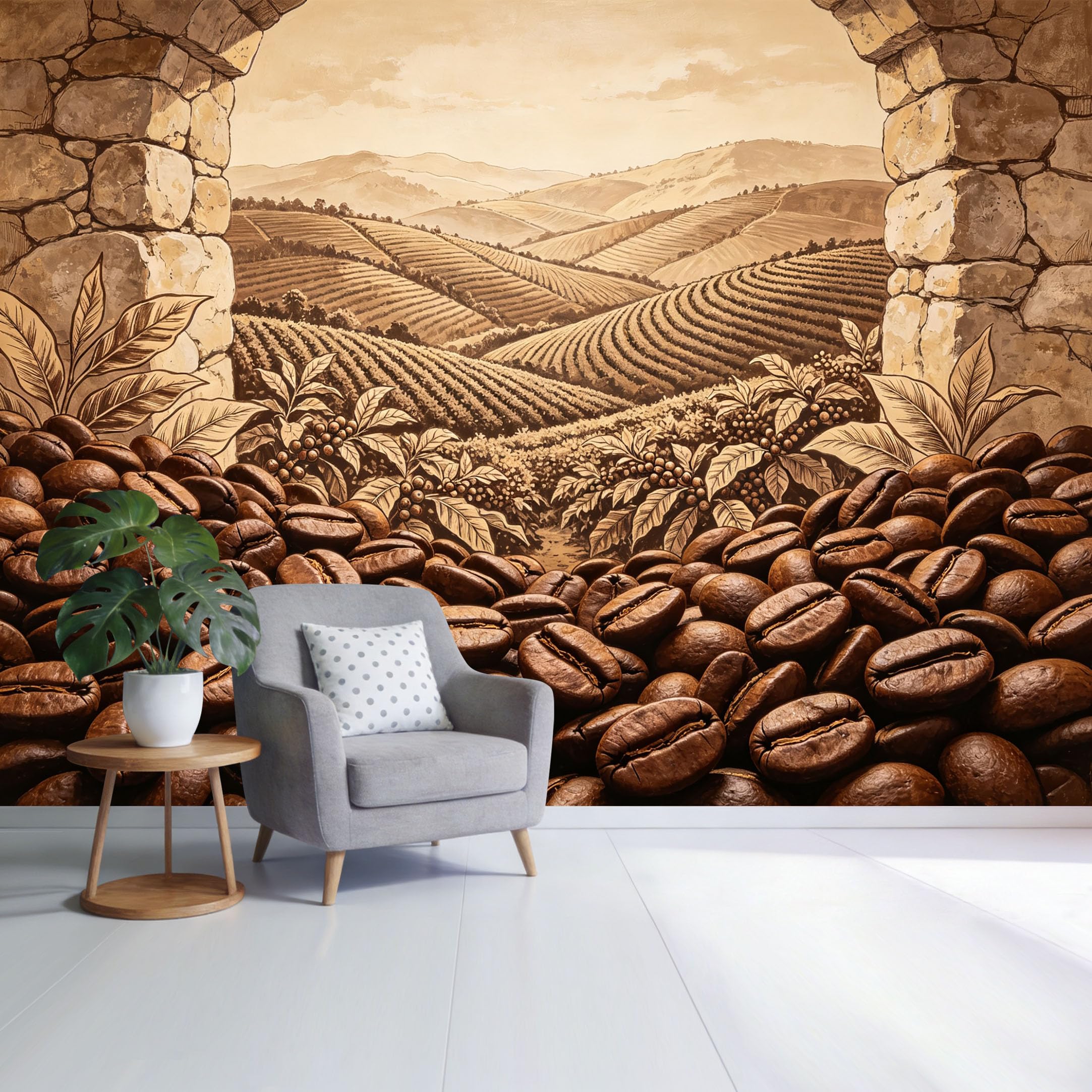 Custom Size Wall Mural Coffee Bean Field Landscape Vintage Sepia Farmhouse Art SelfAdhesive Wall Fabric Removable Wallpaper for Home Office Decor