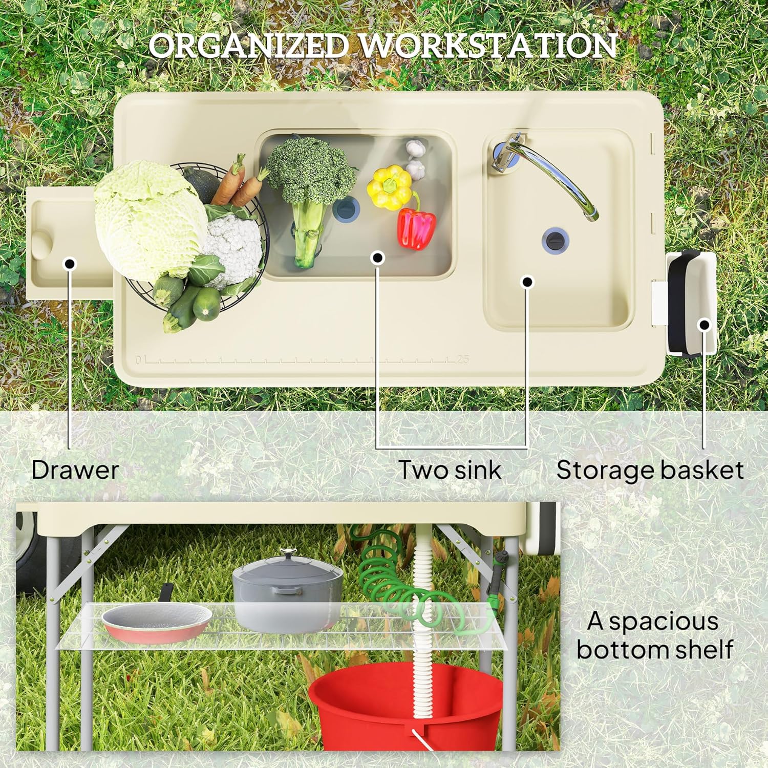 Outsunny Folding Fish Cleaning Table with Sinks, Portable Camping Sink Table with Faucet, Drainage Hose, Sprayer, Shelf, Drawer and Storage Basket, Outdoor Fillet Table for Picnic Beach Patio, Tan
