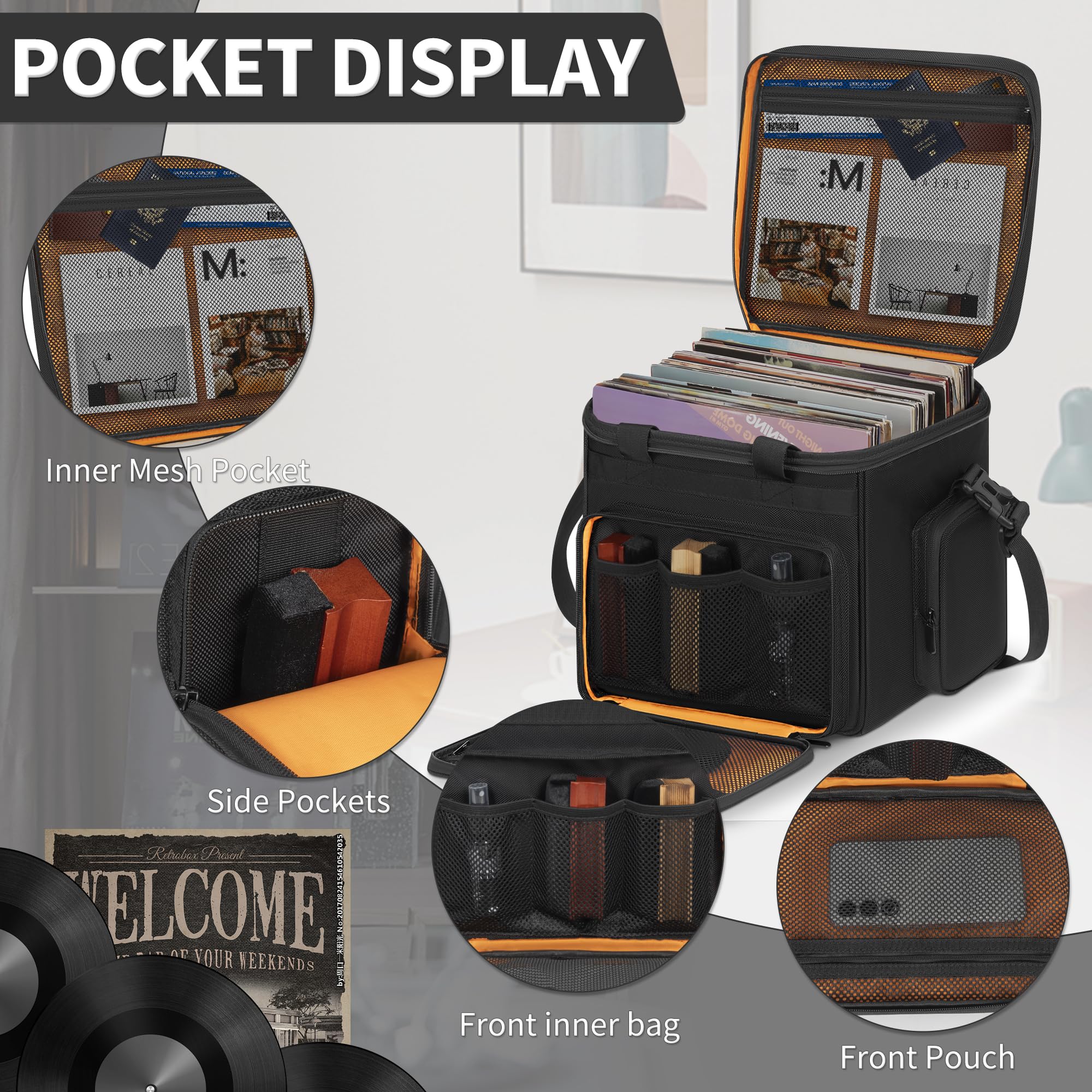 OUUTMEE Bolsa de transporte para discos de vinilo, estuche de almacenamiento para discos de vinilo para álbumes LP de 7/10/12 pulgadas, estuche LP con separadores extraíbles para viajes y organización