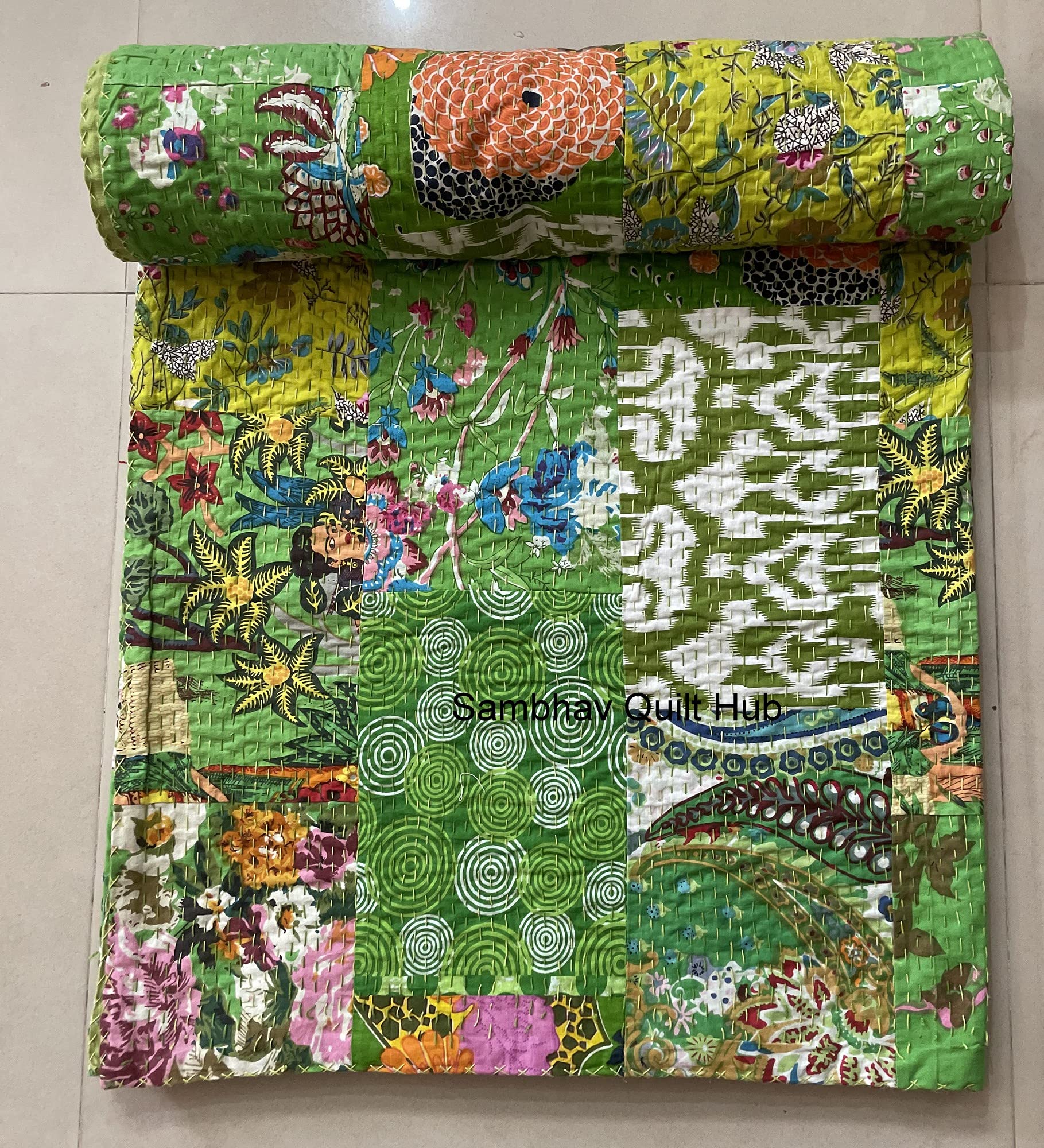 Tradizionale Coperta Kantha Trapuntata A Mano – Patchwork Floreale Multicolore, Cotone Vintage, Reversibile, 220x270 Cm (Giallo, 22.5x45.5cm - ERRATA CORREGGERE) - 2