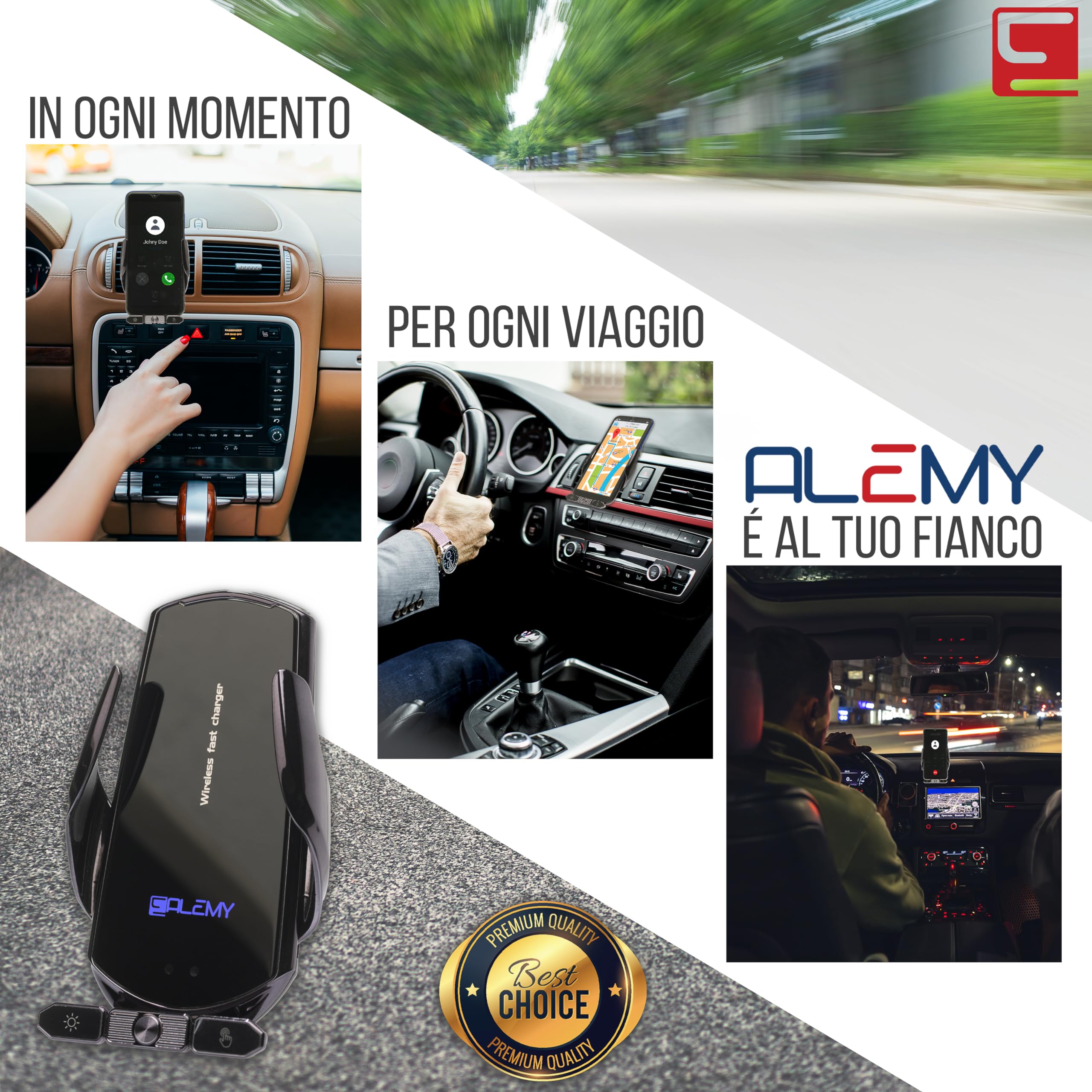 ALEMY DIGITAL Caricatore Wireless Auto, Porta Cellulare Auto, Supporto Telefono Per Auto Universale Con Ricarica e Auto Bloccaggio Con Rotazione Di 360°
