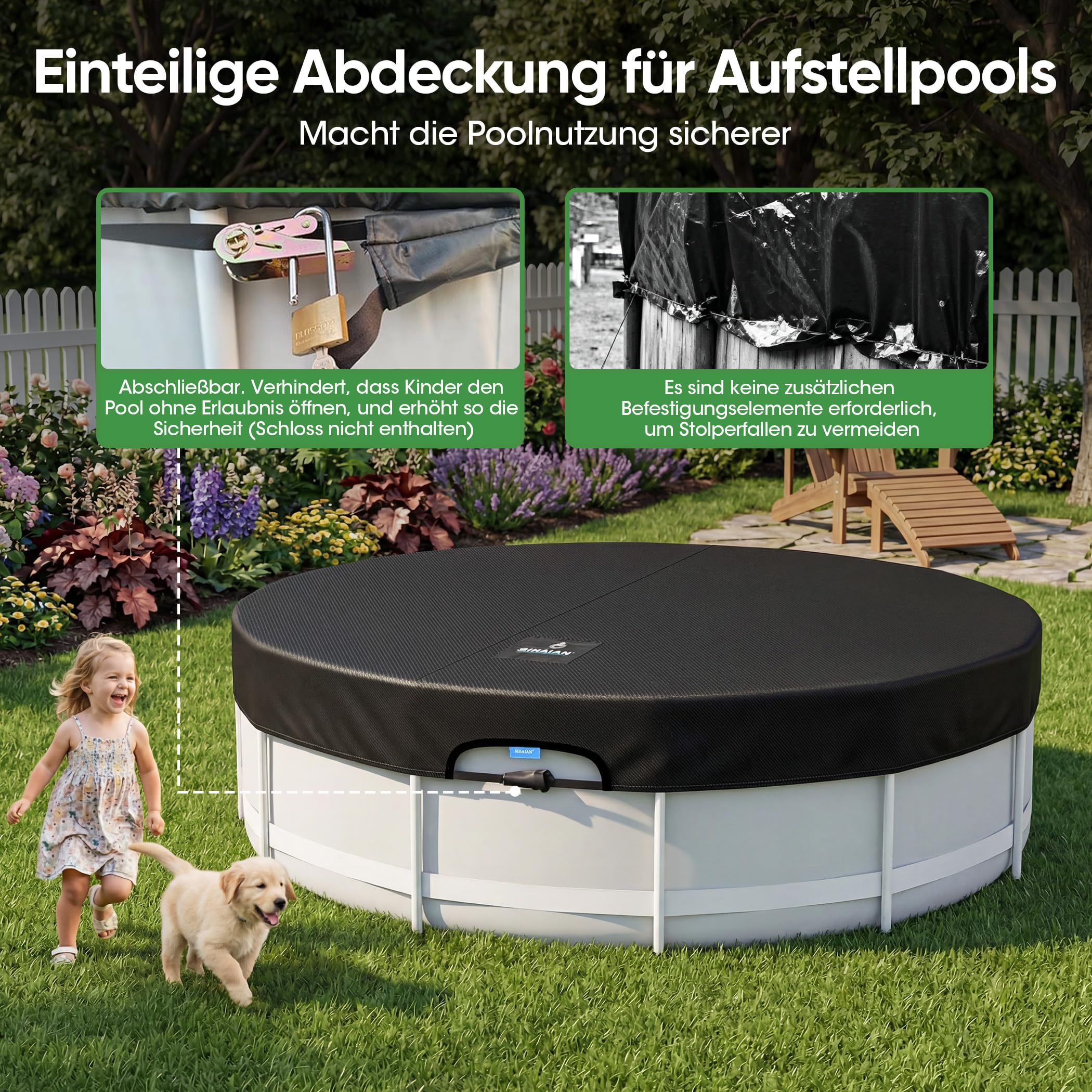 SIHAIAN Rundpoolabdeckung 305cm, Solar Poolabdeckung mit automatischem Abfluss für Aufstellpools, UV-Beständig, patentiertes einteiliges Spannsystem, verhindert Wasseransammlungen