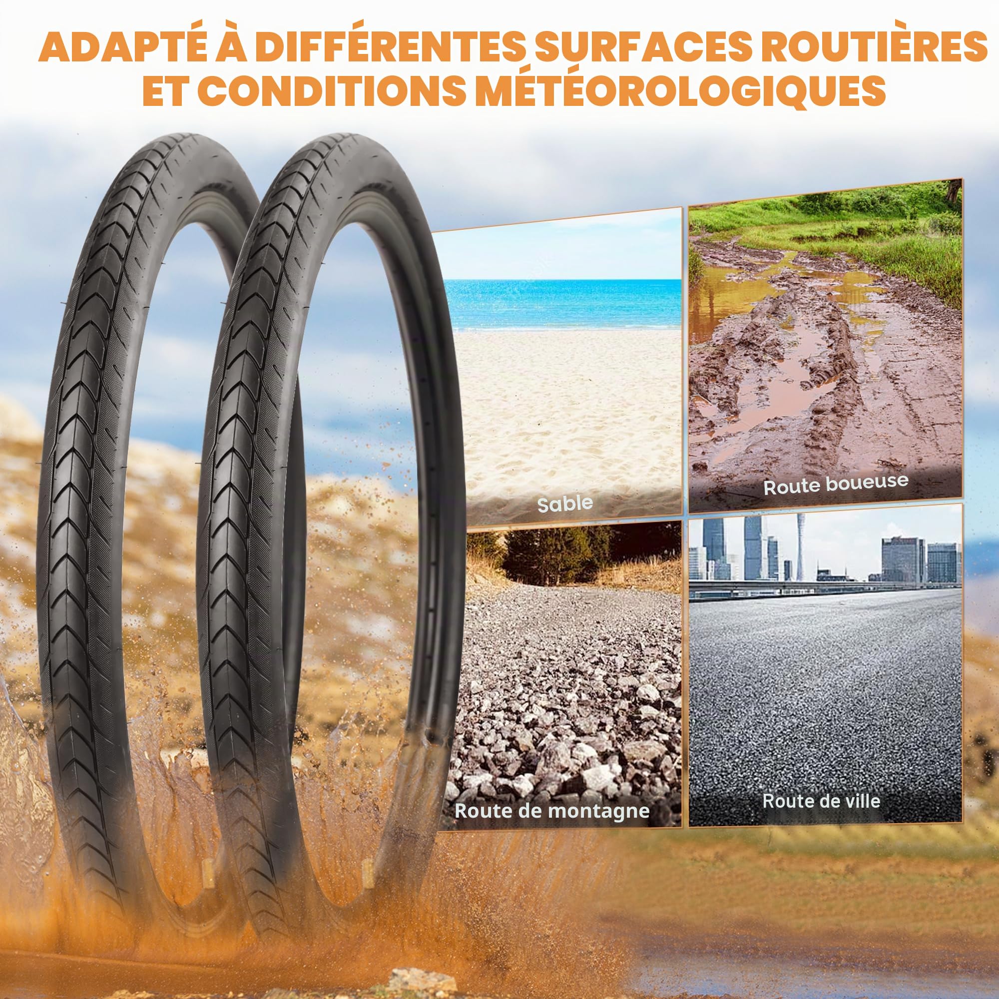 Lot de 2 pneus de vélo 27,5 x 1,75 pouces 2 pneus + 2 chambres à air + 2 leviers de montage – Kit complet de pneus de VTT – Convient pour VTT, vélo électrique, vélo de trekking, vélo de ville