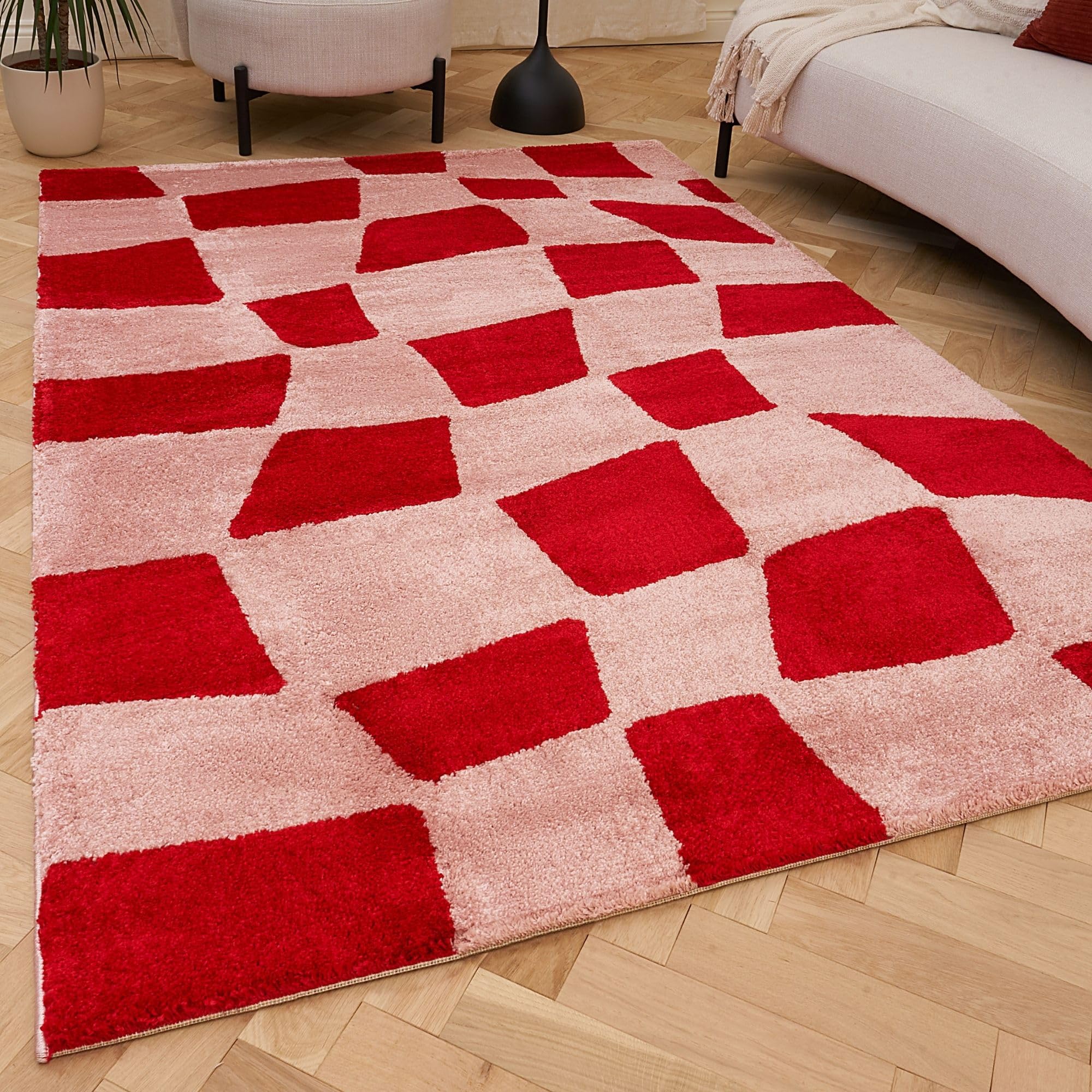 The Rugs Unisex Pink Joli Chequered Soft And Dense Pile Living Room And Bedroom Rug In 200Cm X 290Cm