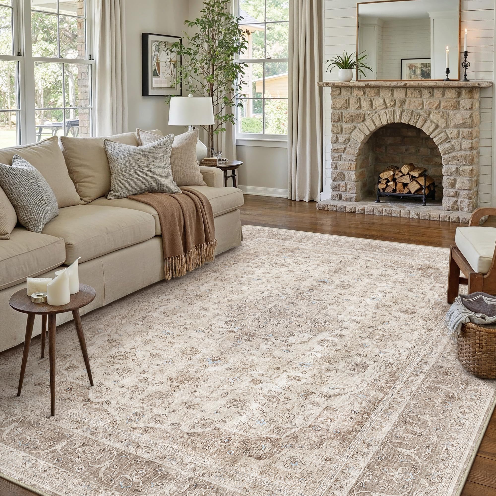 PureCozy Beige Area Rug 6x9 for Living Room Washable Vintage Carpet Low Pile Non Slip Distressed Soft Traditional Retro Oriental Large Accent Throw Rug Office Bedroom Dining Room Playroom