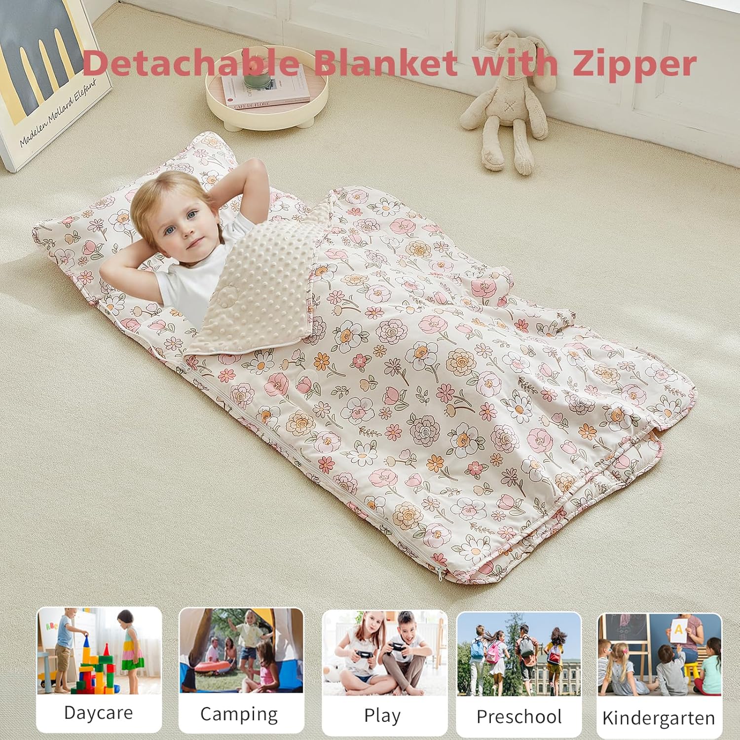 Floral Toddler Nap Mat with Zipper,Detachable Minky Blanket and Removable Pillow,Soft Slumber Bags for Girls,Kids Sleeping Bag for Daycare Preschool Kindergarten,Flower Toddler Sleeping Mat - Pink