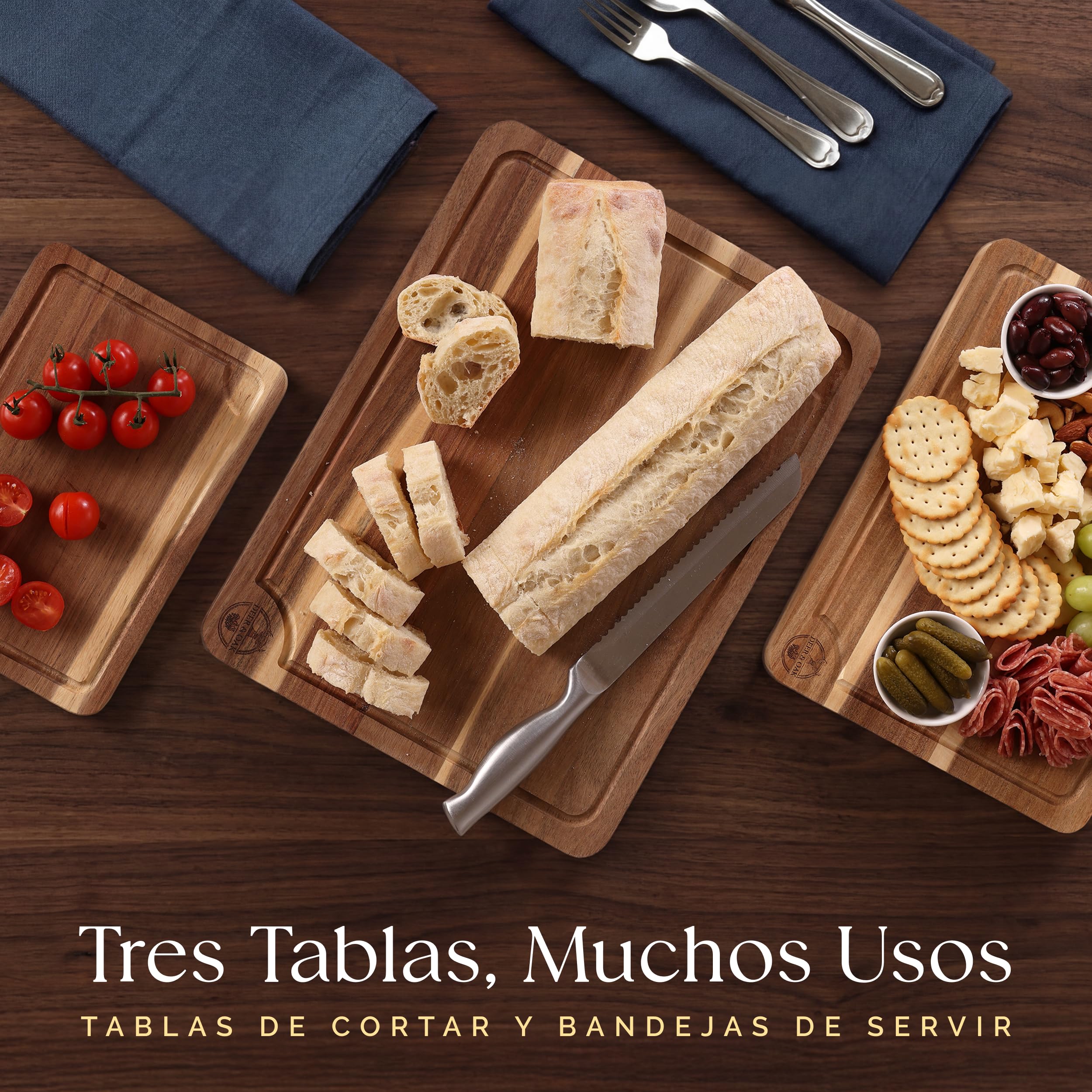 Juego de 3 tablas de cortar de acacia preengrasadas y no tóxicas con soporte, tablas de cortar de madera con certificación FSC, incluye aceite para tabla de cortar de 100 ml, 3 tablas de tallado de