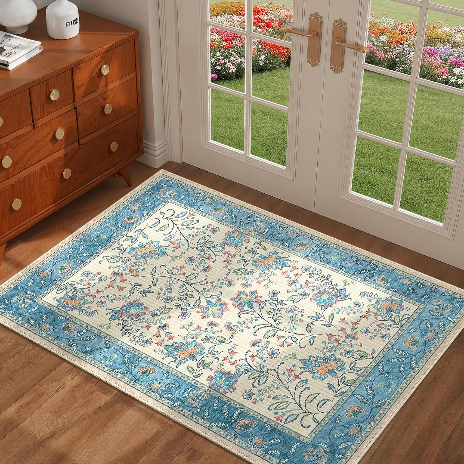 GarveeHome Small Entryway Rug, 2x3 Washable Front Door Rug Indoor Entrance French Floral Carpet Non-Slip Low Pile Beige Throw Rugs for Kitchen, Powder Room, Entry, Bathroom, Kids Room