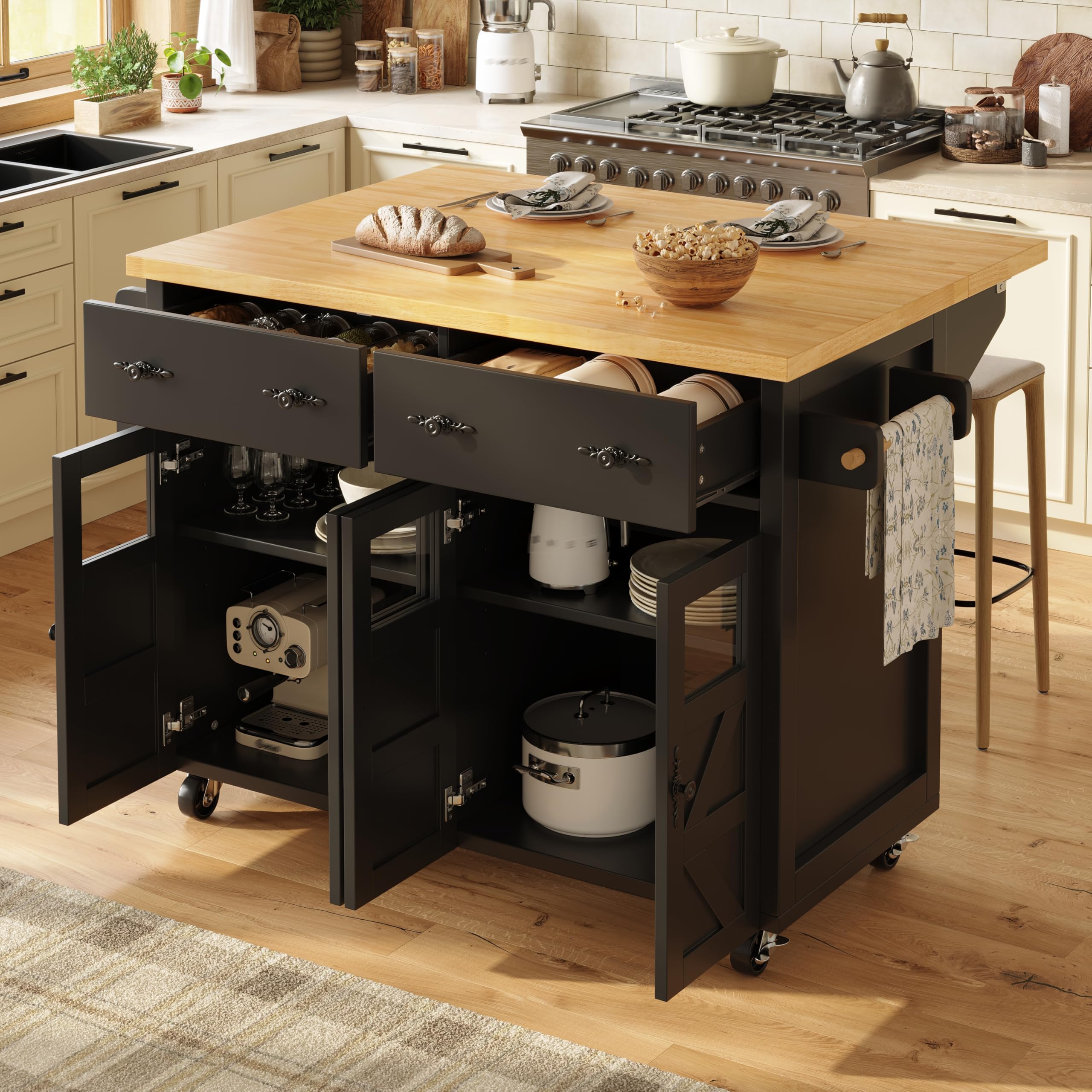 Carrito de cocina multifuncional con gran espacio de almacenamiento, plegable, con frenos