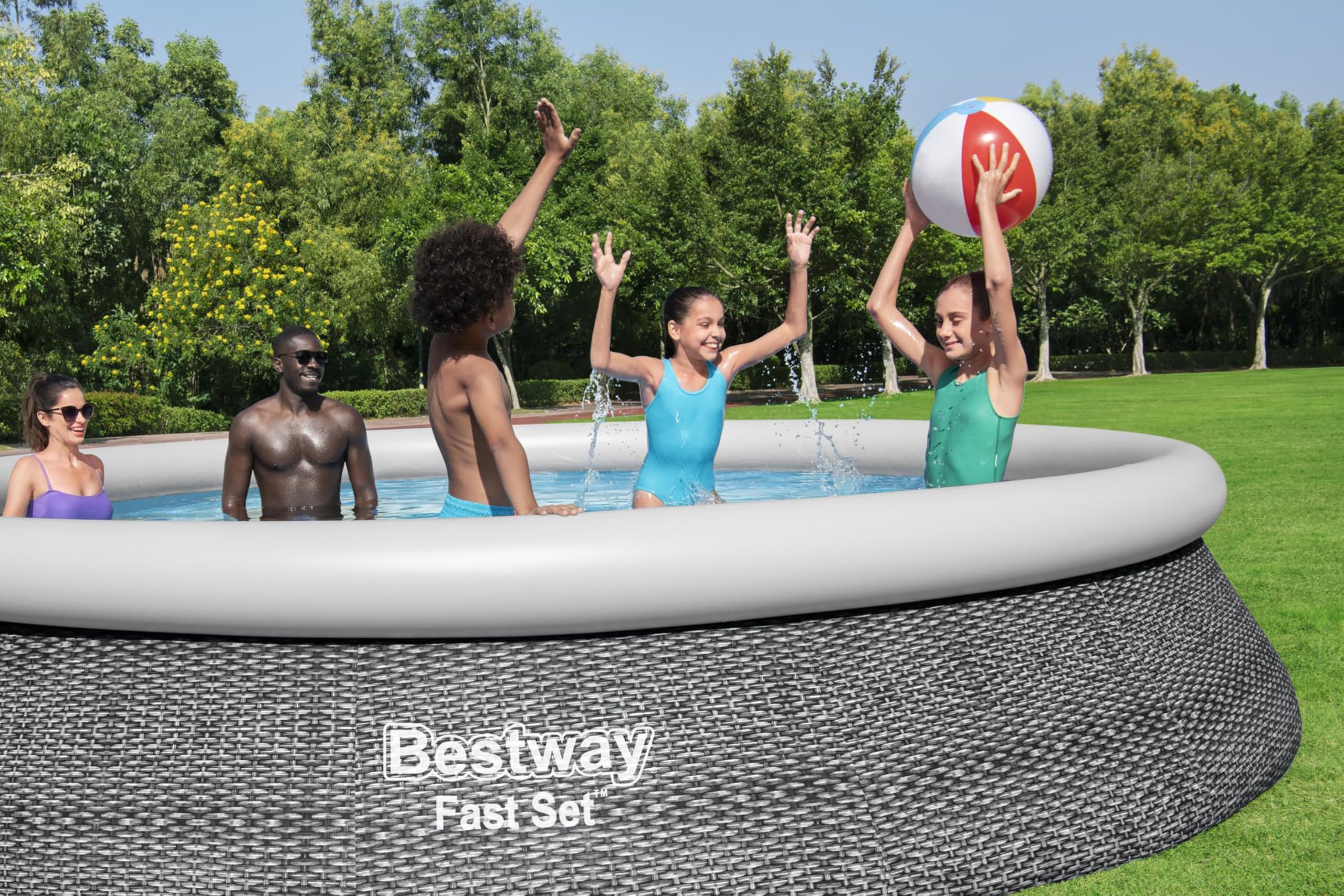 Bestway® Fast Set™ Aufstellpool-Set mit Filterpumpe Ø 457 x 84 cm, Rattan-Optik (Schiefergrau), rund