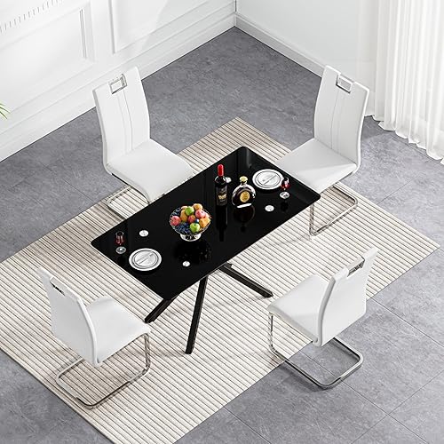 Miniatura 24 de Mesa de comedor de cristal de 51 pulgadas para 4, mesa de comedor rectangular contemporánea con parte superior de vidrio templado y patas de acero