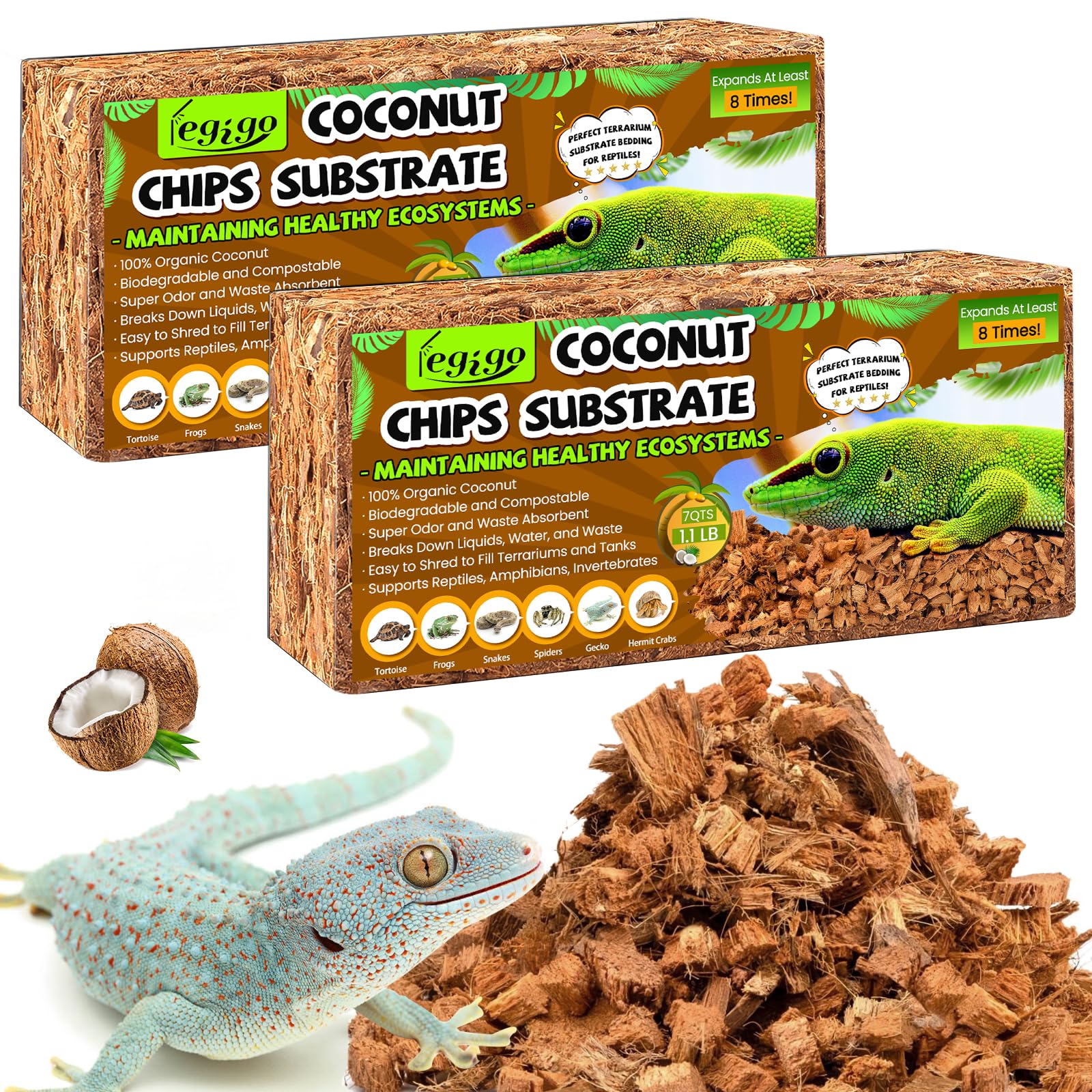 Legigo 2 Pack Coconut Chip Substrate for Reptiles, Natural Coco Husk Chip Reptiles Bedding, Compressed Coconut Chip Substrate for Snake, Tortoise,