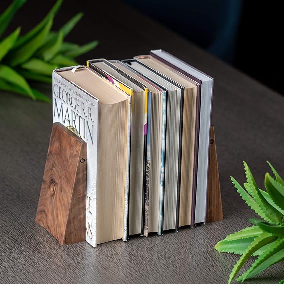 TILISMA Handmade Walnut Bookends for Shelves Bookends Made of Wood with Metal Base Book Holder for Heavy Books Modern Decorative Book Accessories to Keep Books Feast on the Bookshelf