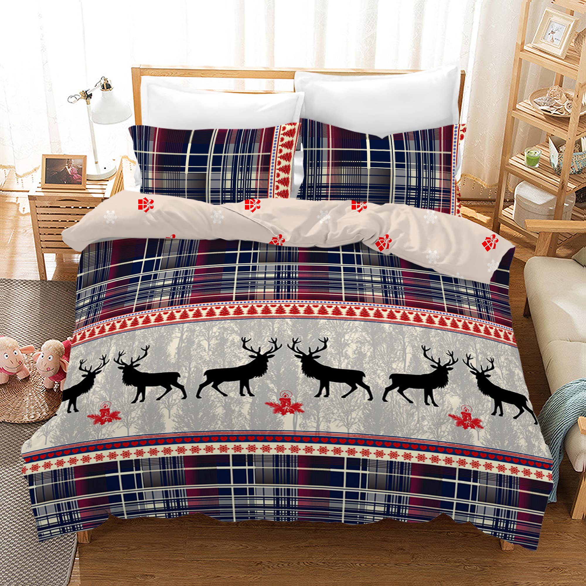 AVJWWD Set Copripiumino Natalizio Set di biancheria da letto di Natale,per bambini e bambine Set di Biancheria da Letto Decorazione Natalizia per Interni (Alce a Scacchi, 220 x 240 cm)