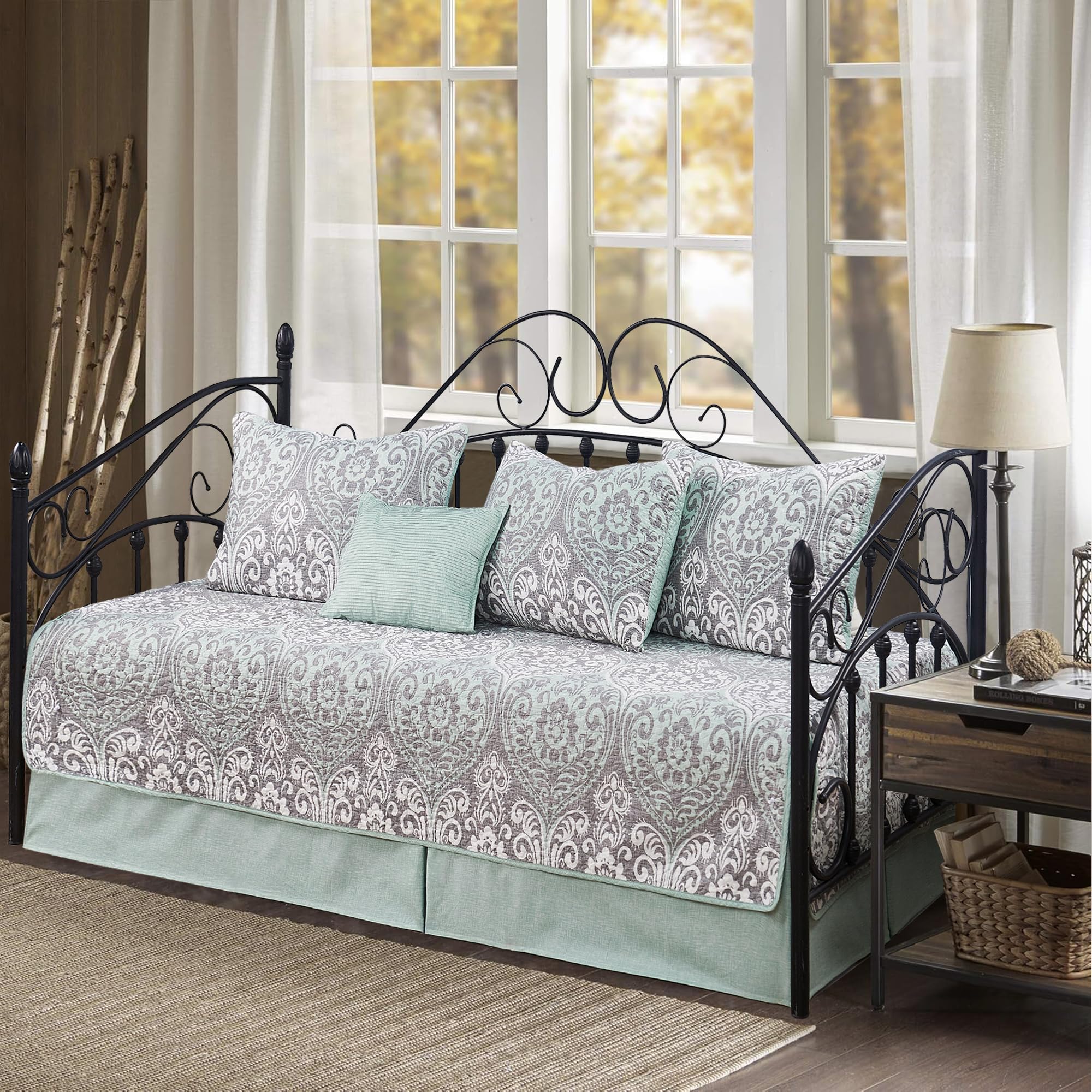 BYTIDE 6 Piece Reversible Microfiber Damask Printed Daybed Cover Set, All Season Luxury Bedding with Bedskirt, Matching Shams, Decorative Pillow, 75"