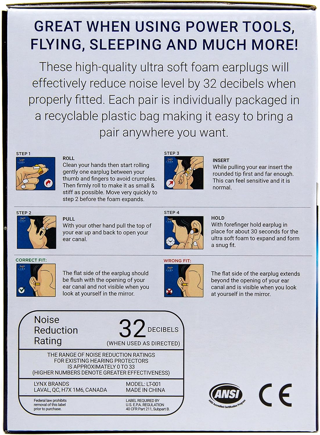 Lynx Ultra Soft Foam Ear Plugs, [100 Pairs], 32dB Highest NRR, Very Comfortable Hearing Protection - Earplugs for Sleeping, Snoring, Studying, Travel and More