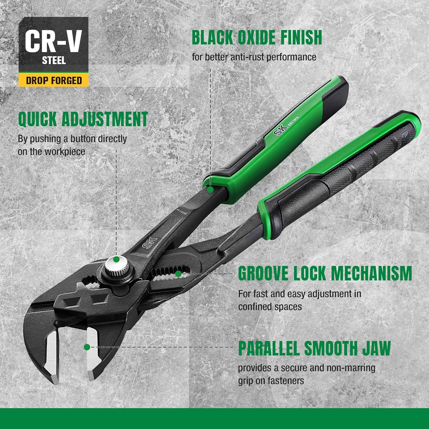 SK 4-Piece Pliers Wrench Set & 12-Inch Adjustable Wrench, Premium CR-V Construction